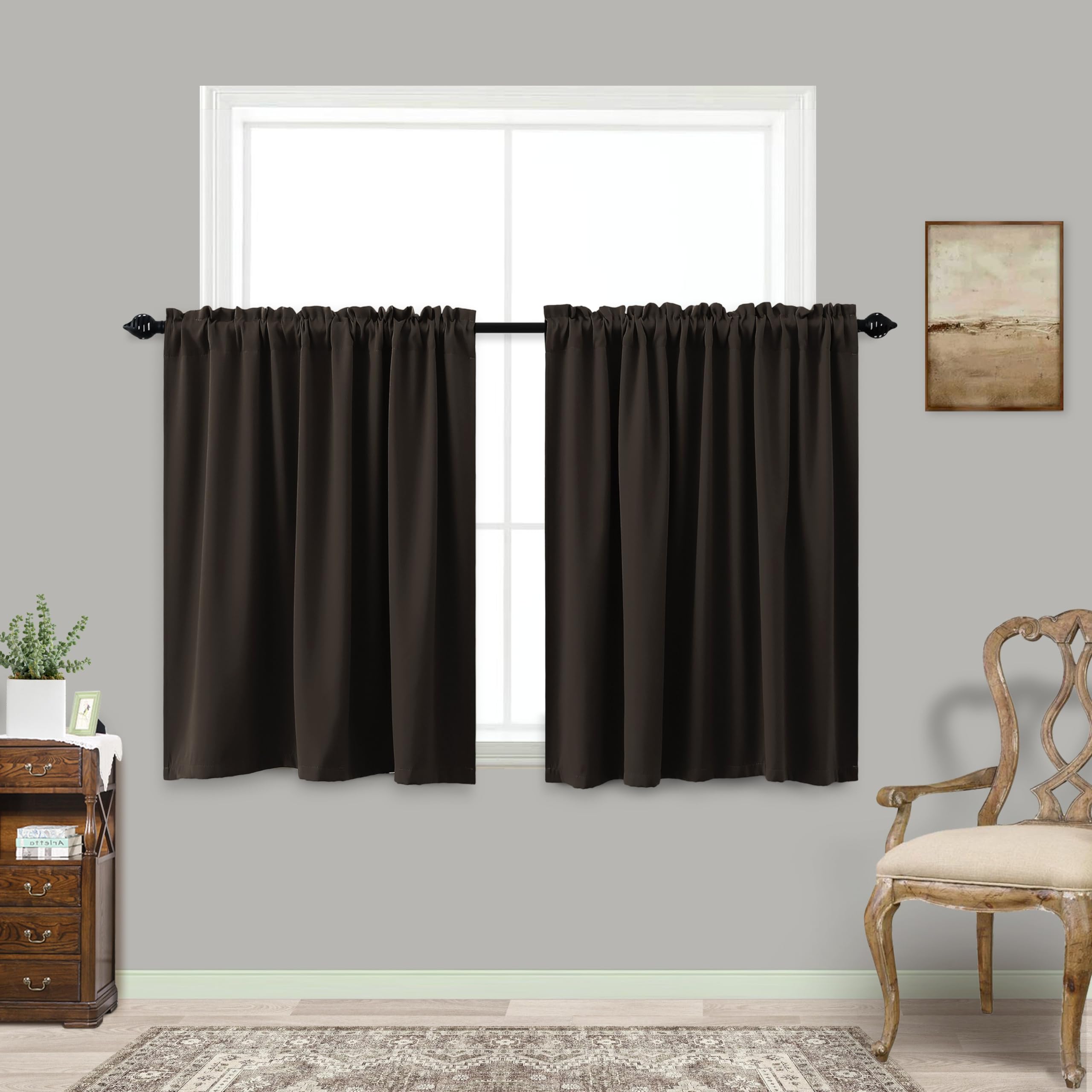 Koufall Brown Curtains For Kitchen Window 2 Panels Rod Pocket Room Darkening Blackout Curtains For Small Bathroom Window Bedroom, 34 X 36