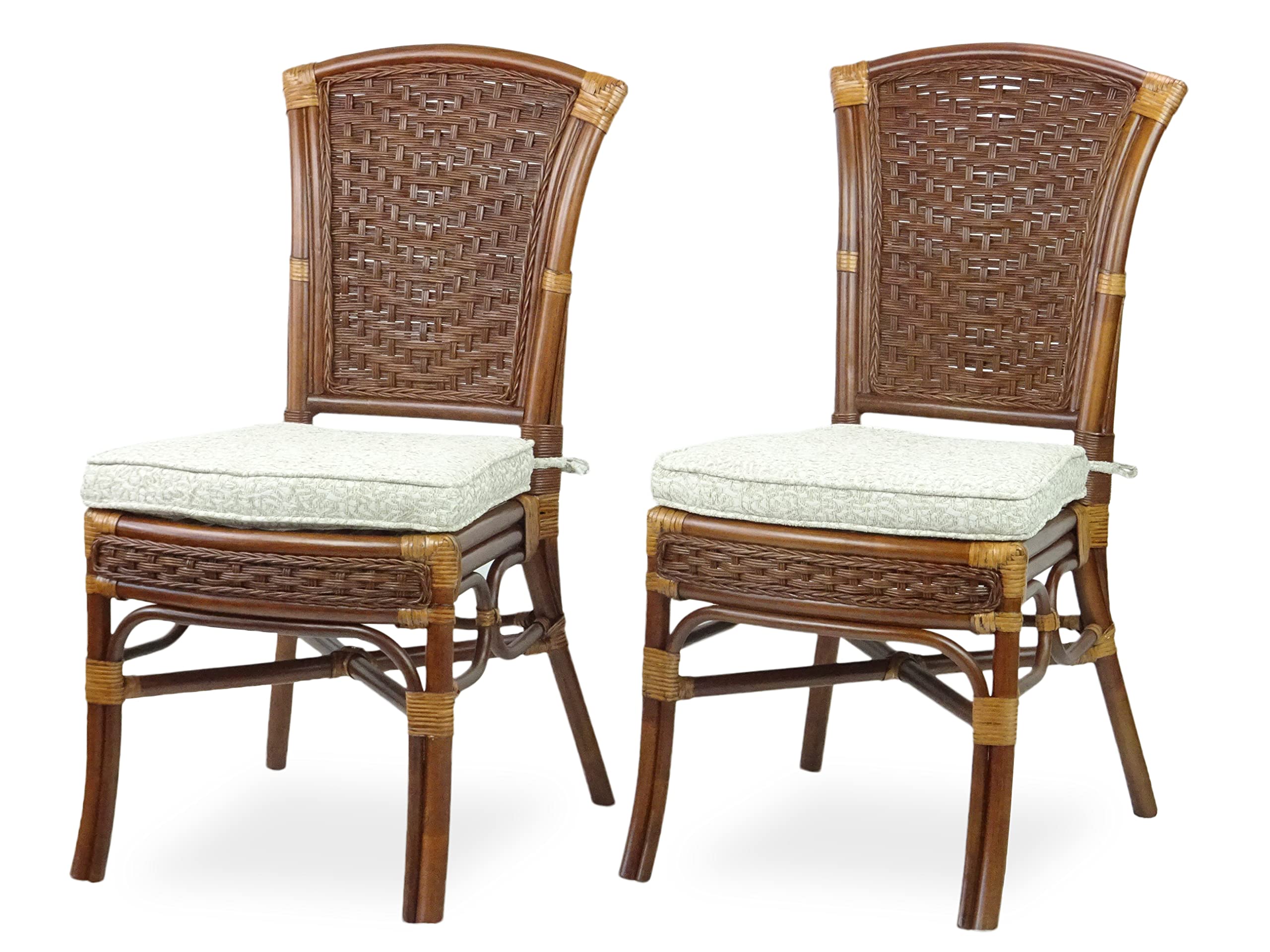 Set of 2 Alexa Dining Side Chairs Dark Walnut Color Natural Rattan Wicker Handmade Design with Cushion