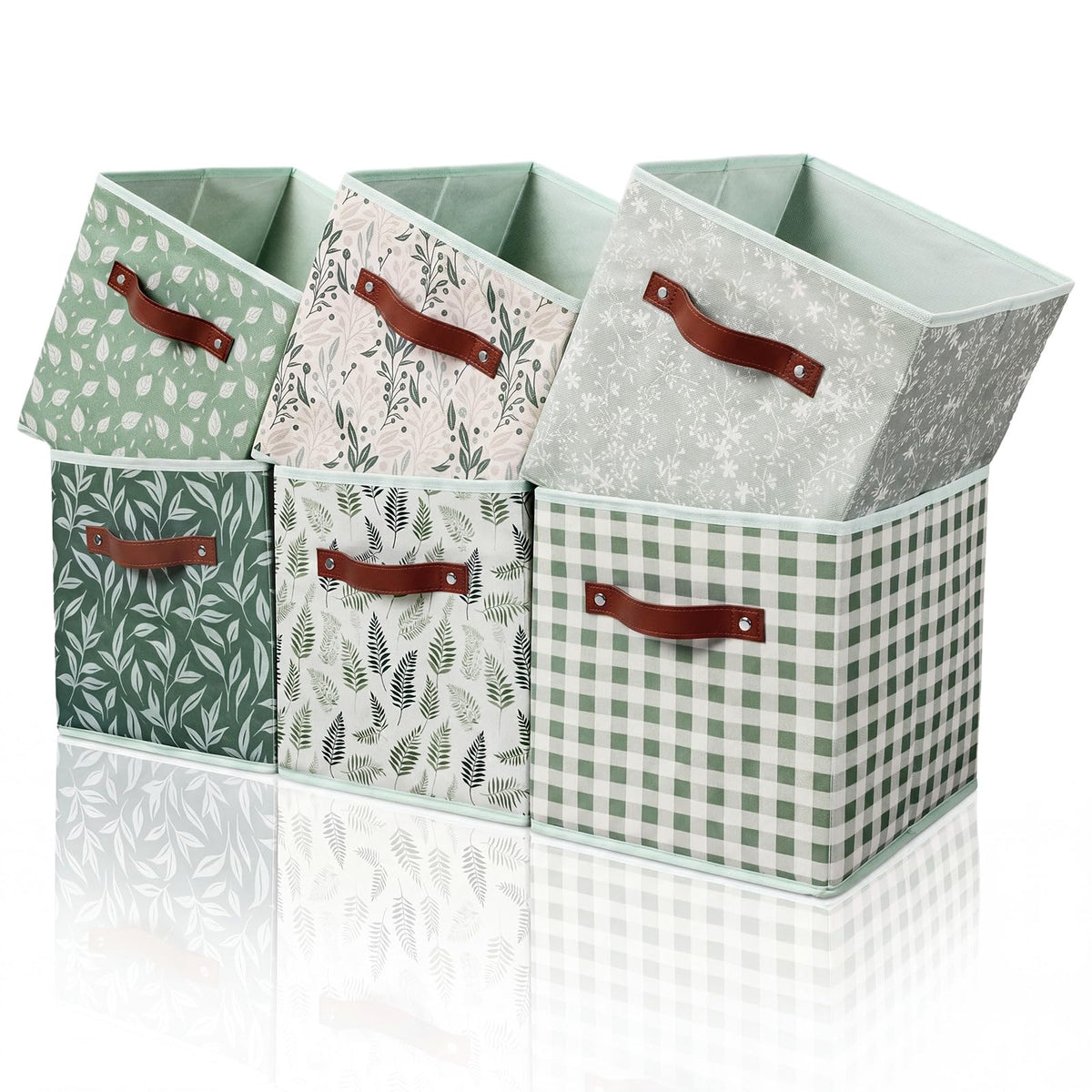 Patelai 6 Pcs Sage Green Cube Storage Bins 11 Inch Storage Cube Bins with Leather Handle Collapsible Basket Organizer for Closet