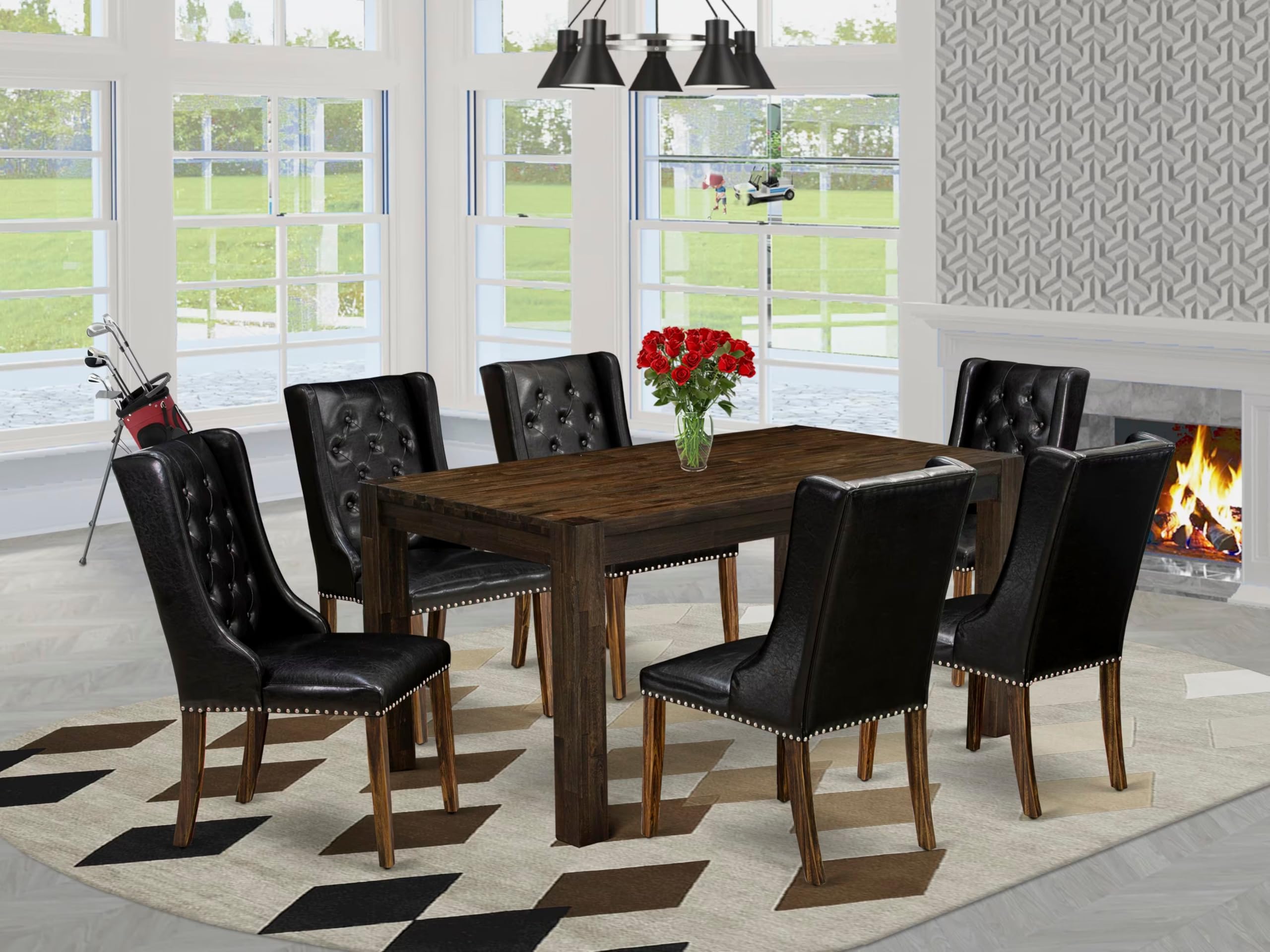 East West Furniture CNFO7-77-49 7 Piece Dining Room Furniture Set Consist of a Rectangle Rustic Wood Dining Table and 6 Black Faux Leather Upholstered Chairs, 36x60 Inch, Jacobean