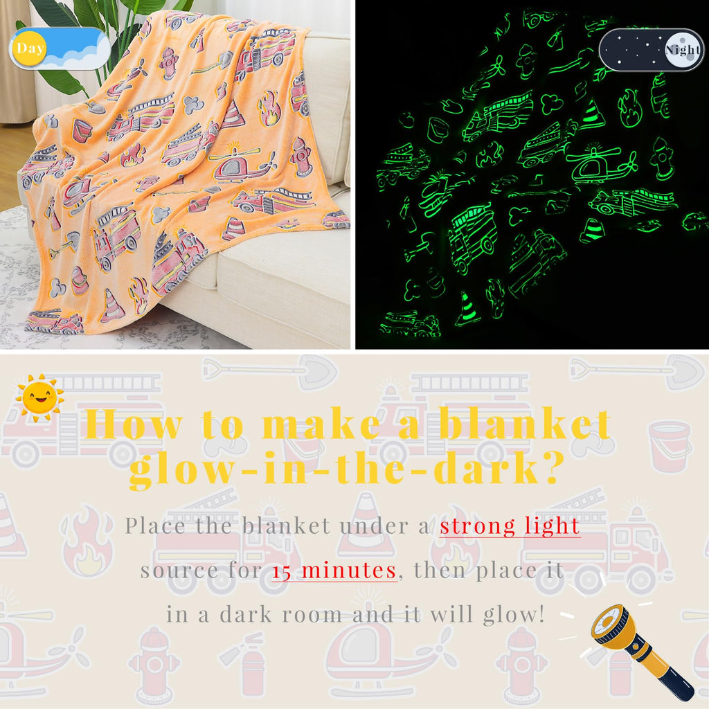 Kivee Glow In The Dark Blanket Toddler Fire Truck Gifts Toys For Boys Soft Kids Blankets For Birthday Gifts