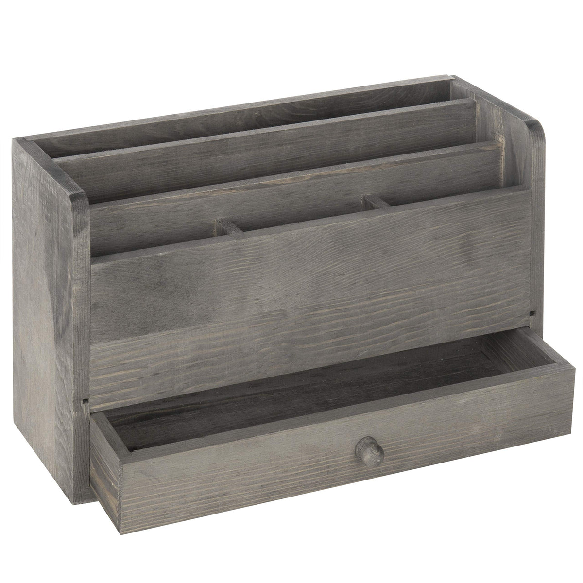 Mygift Rustic Gray Solid Wood Office Desk Supplies And Stationery Organizer, 5 Slot Wooden Desktop Mail Sorter, Document And Mag