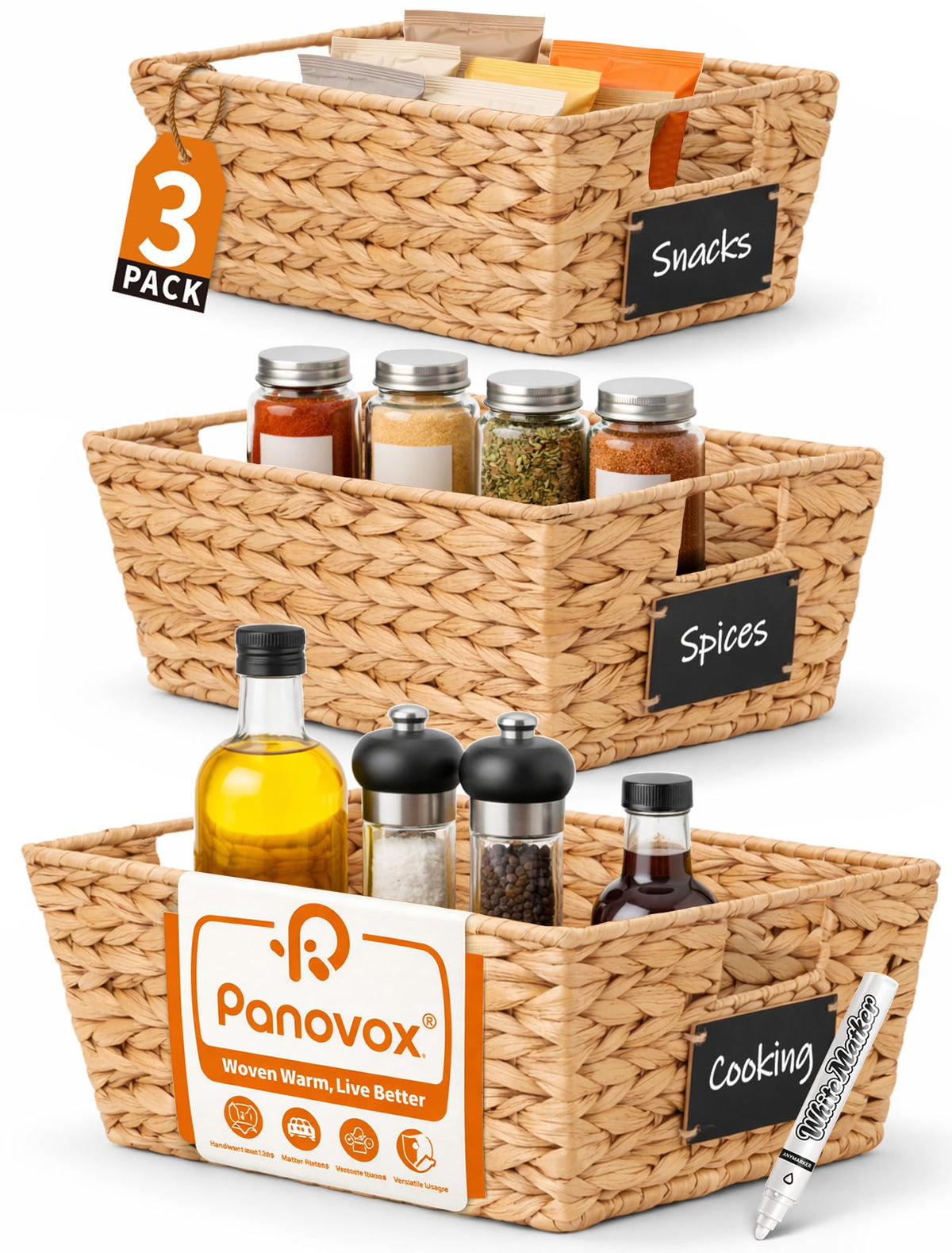 Panovox Pantry Baskets, 3 Pack Wicker Storage Baskets for Shelves, Natural