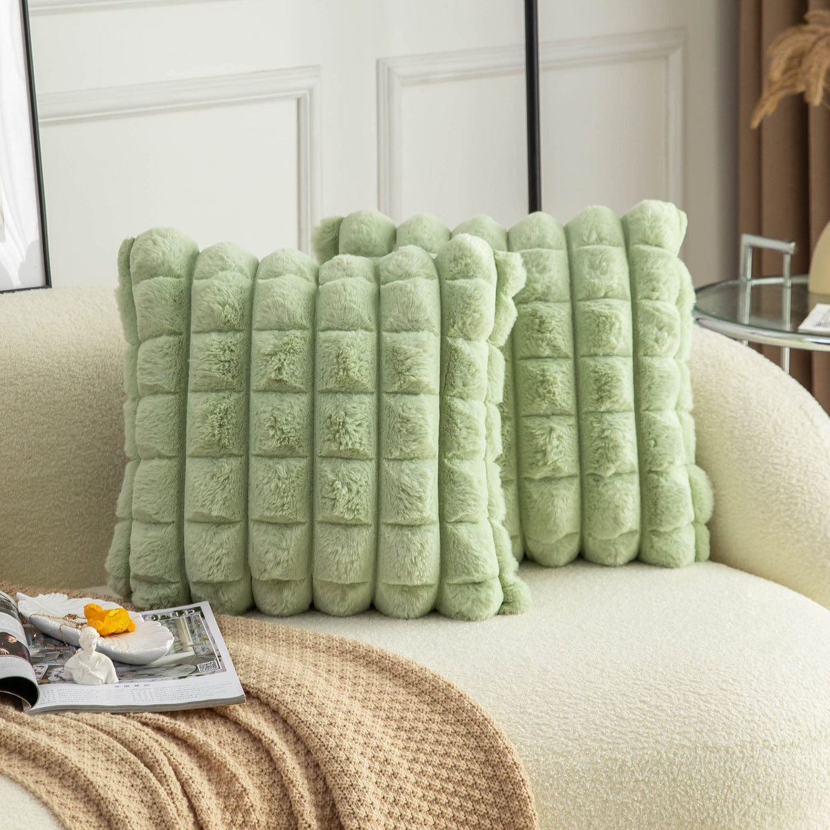 Neelvin Green Faux Fur Cozy Soft Plaid Decorative Throw Pillow Covers 22X22 Inch Set Of 2,Velvet Pillowcase Cushion Case For Sof