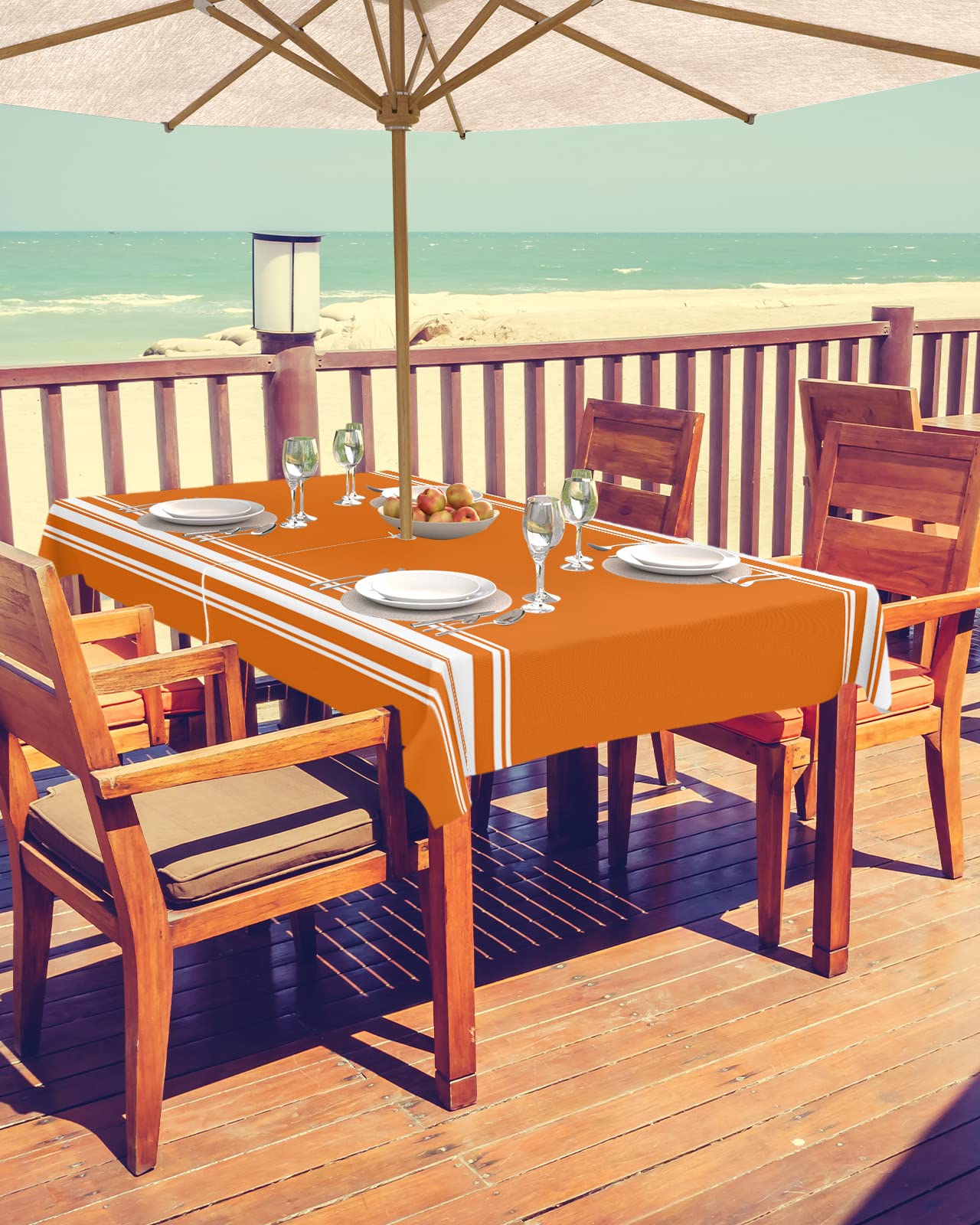 Fall Outdoor Tablecloth With Umbrella Hole, Farmhouse Orange White Stripe Rectangle Tables Zippered Table Cloth Waterproof Table
