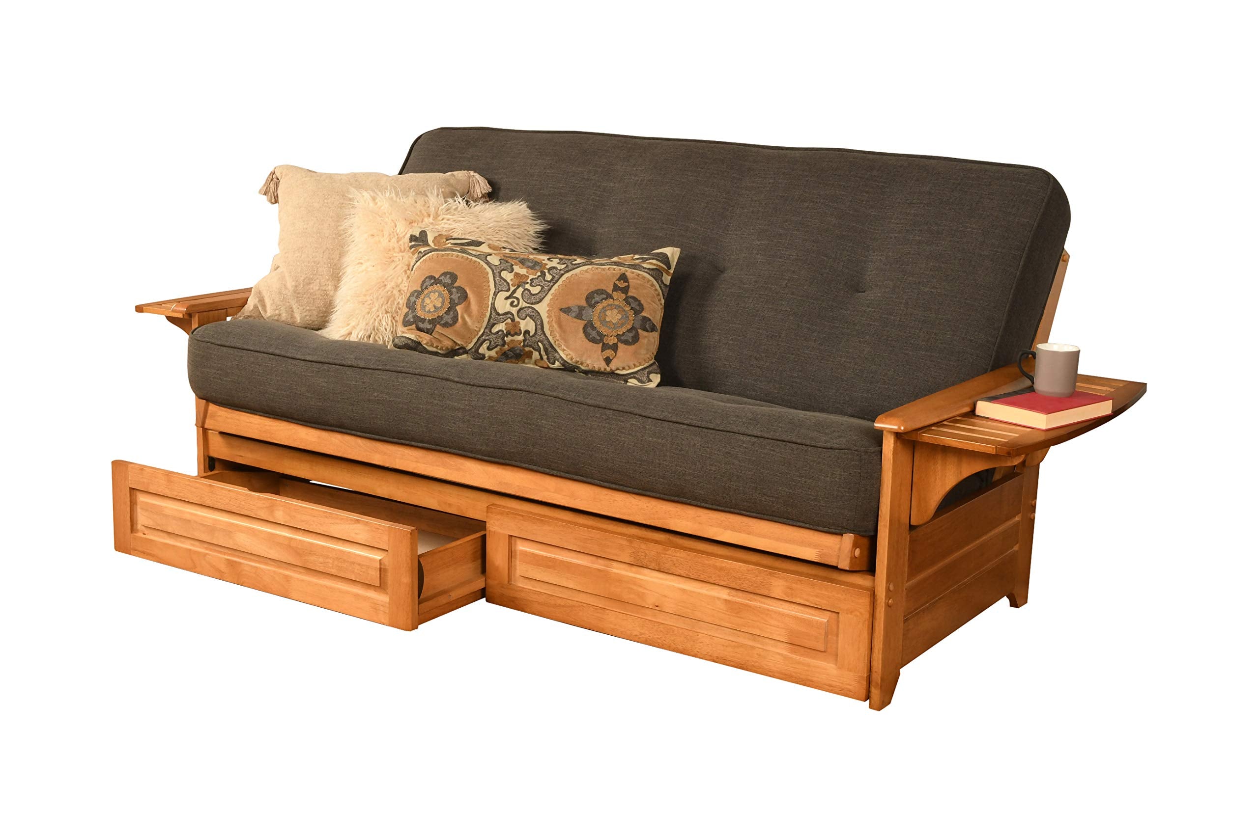 Kodiak Furniture Phoenix Full Size Futon in Butternut Finish with Storage Drawers, Linen Charcoal
