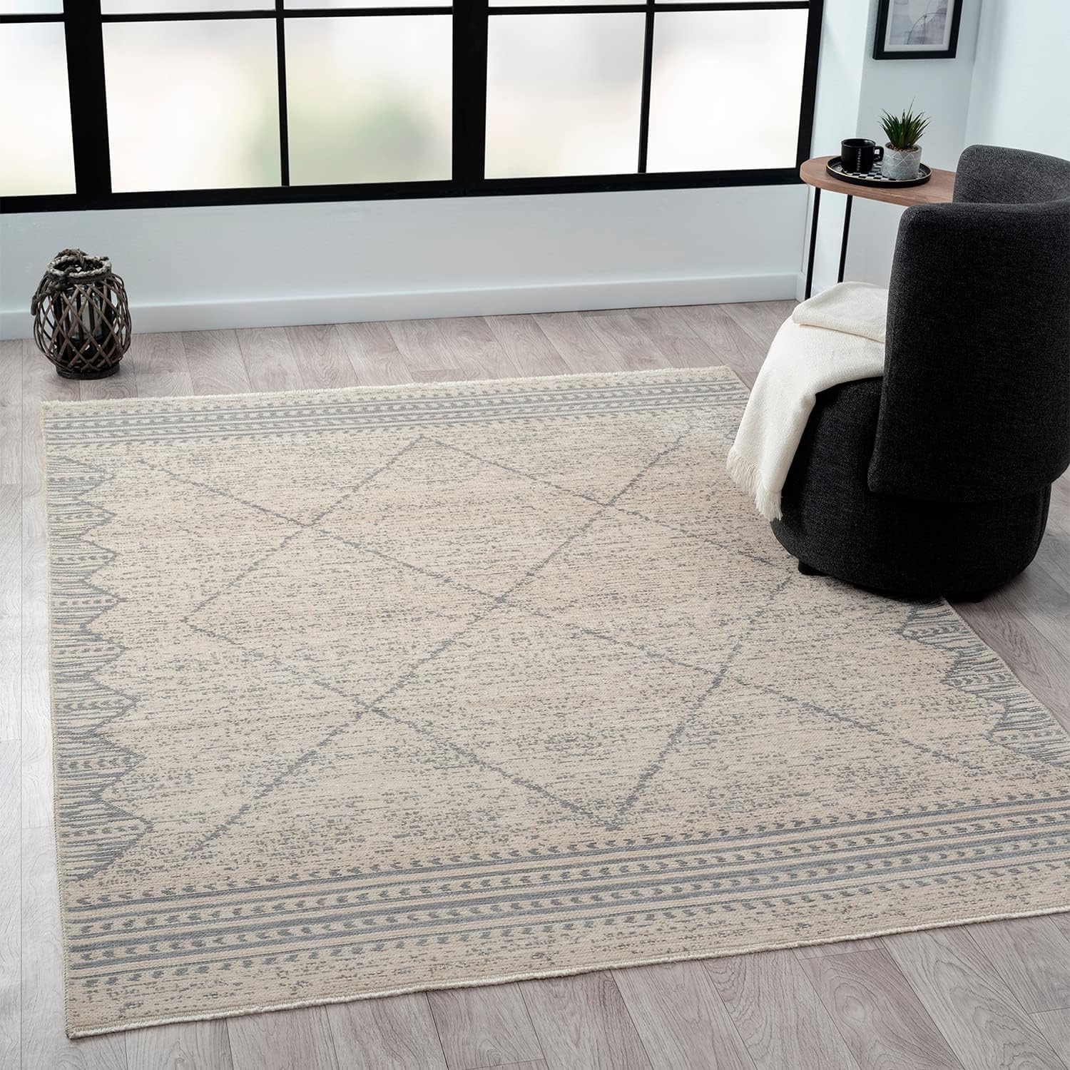 Indigo Ink - Washable Area Rug, Stain Resistant, Grey Diamond Geometric Boho Decor, Ideal for Living Room, Bedroom, Office (5 x
