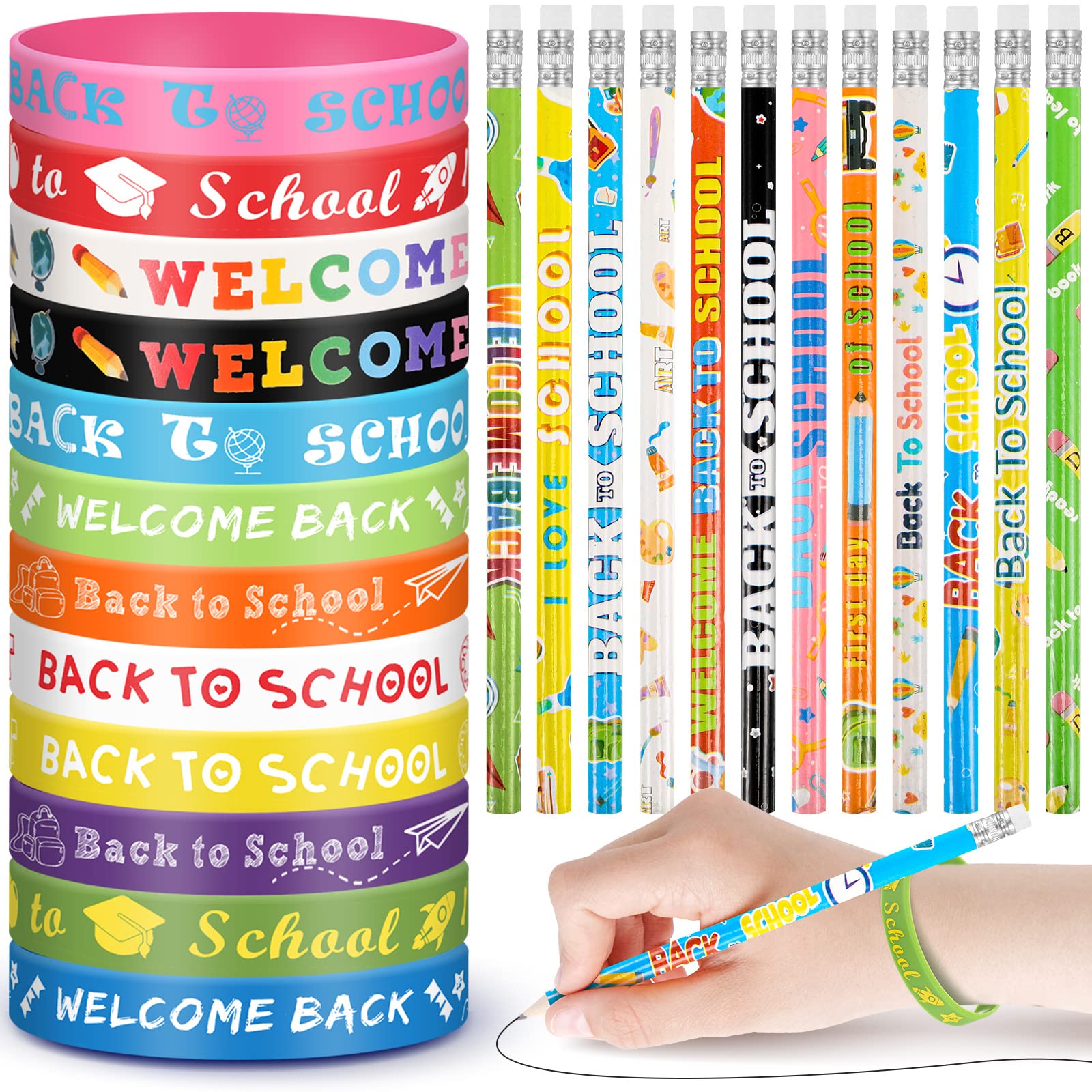 Sabary 48 Pcs Back To School Pencils Silicone Bracelets Set Back To School Party Favor For Kids First Day Of School Bulk Pencils