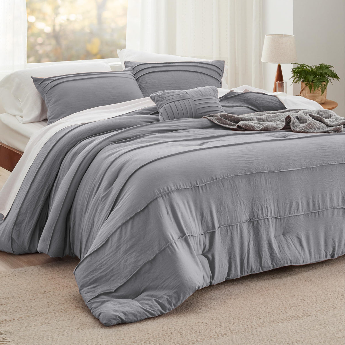 Bedsure Grey Queen Comforter Set - 4 Pieces Pinch Pleat Bed Set, Down Alternative Bedding Sets For All Season, 1 Comforter, 2 Pi