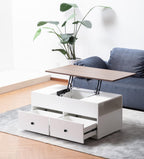 Luna White Lift Top Coffee Table with Brown Walnut Finish – Storage Coffee Table with 2 Drawers and 2 Shelves