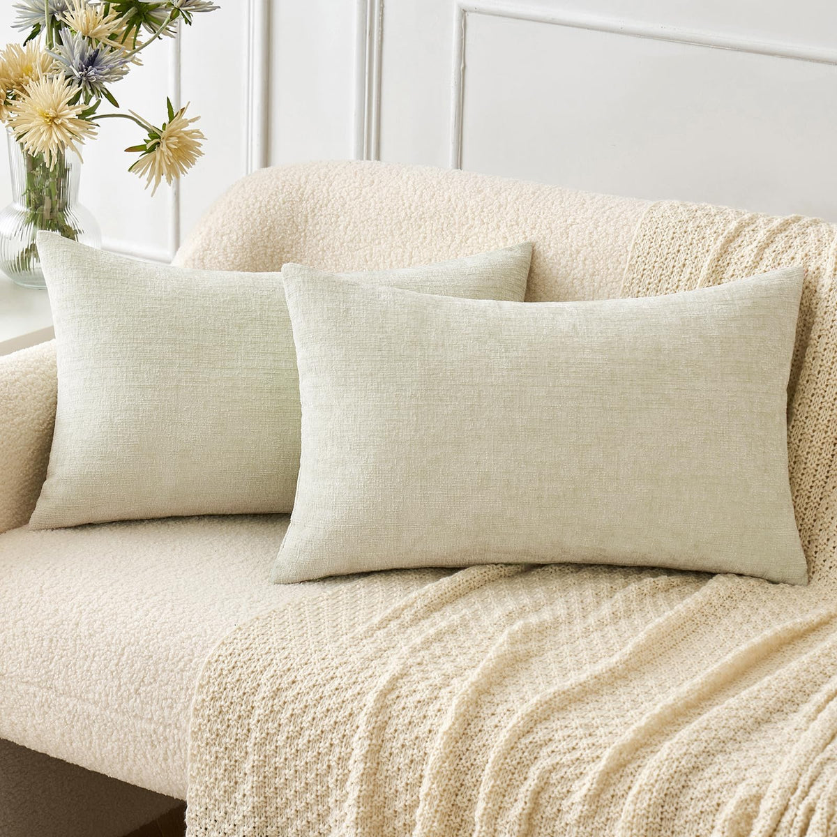 Miulee Pack Of 2 Cream Throw Pillow Covers 12X20 Inch Soft Chenille Pillow Covers For Sofa Living Room Couch Solid Dyed Cases