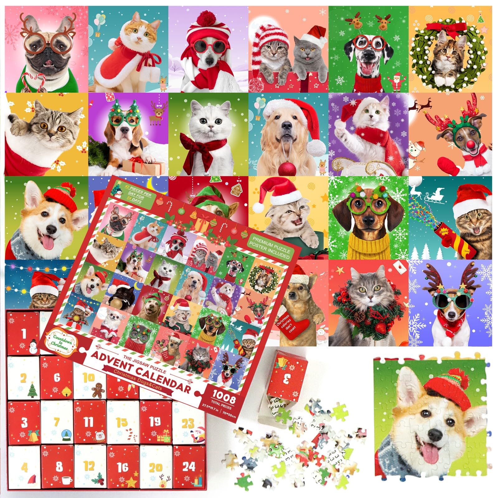 Advent Calendar 2024 Christmas Jigsaw Puzzles, Christmas Dogs & Cats Christmas Holiday Puzzle For Kids Adults 24 Boxs 1008 Piece