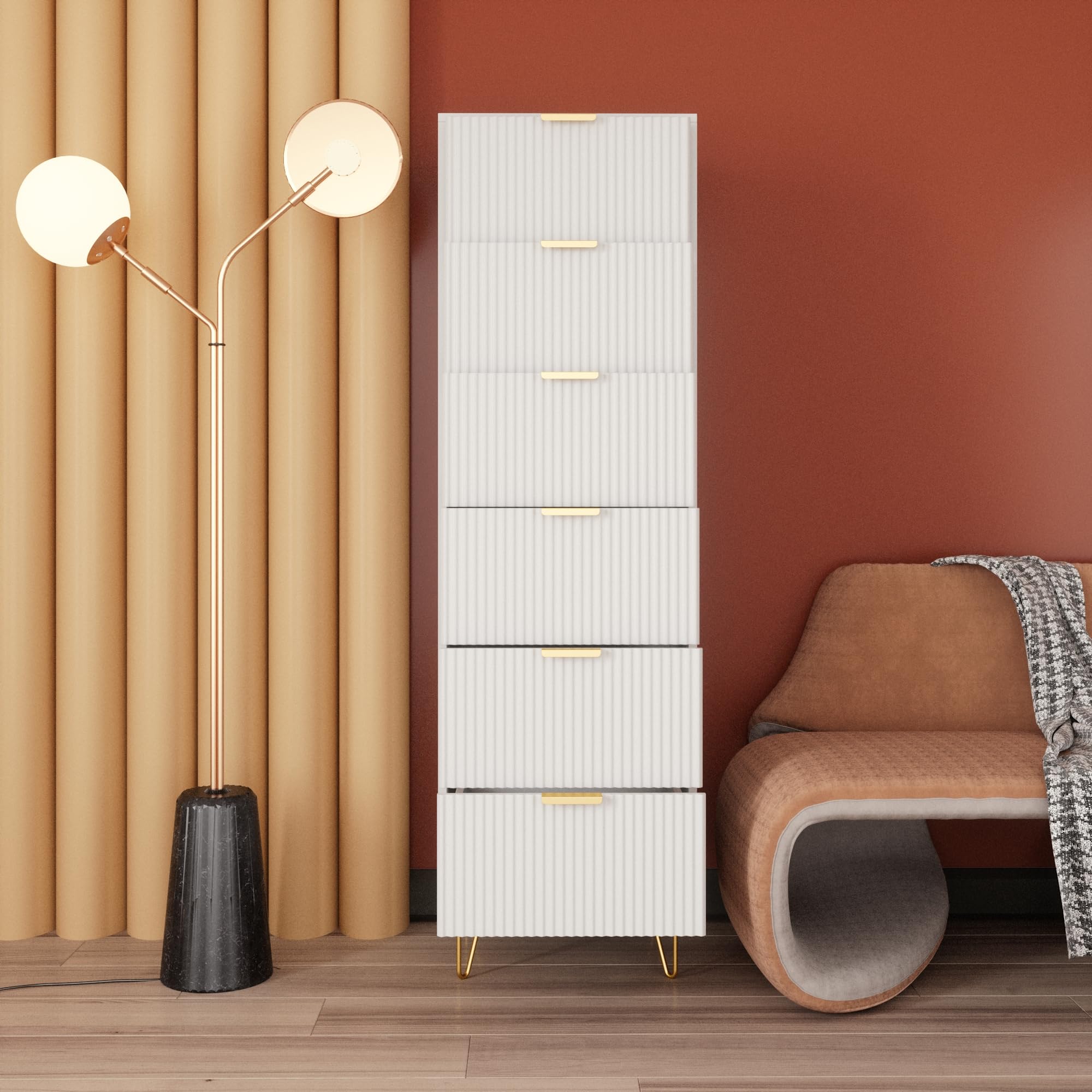 Woodpeckers 6-Drawer Lingerie Chest in White with Gold Metal Legs and Handles - Elegant Storage Solution for Bedroom