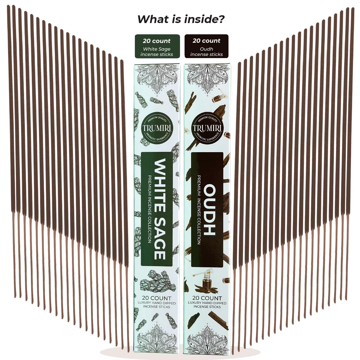 Trumiri Incense Sticks - Combo Pack Of 40 Insence-Sticks - 20 White Sage + 20 Oud - Insenses - Insents - Incents - Inscense - In