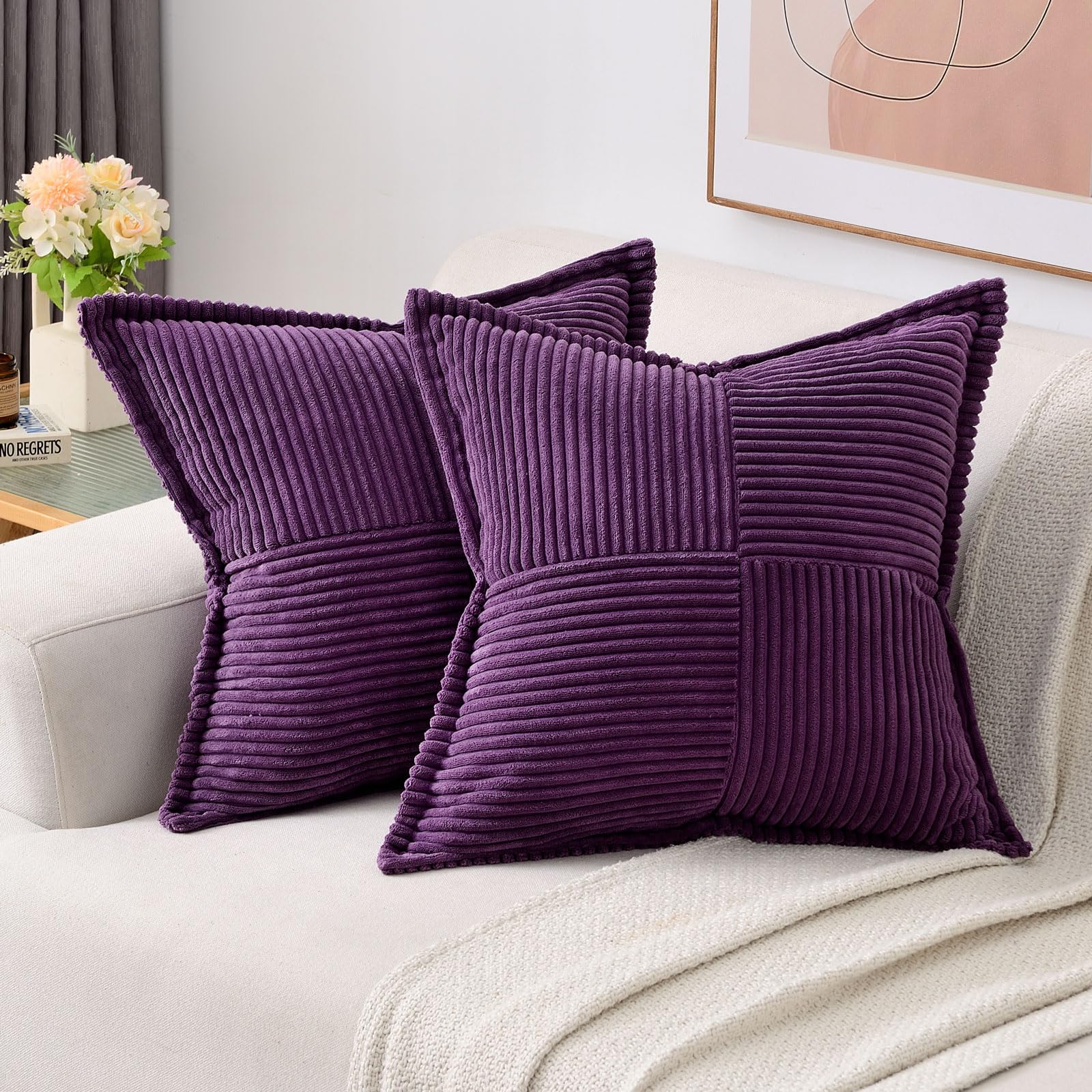 Haussy Purple Decorative Throw Pillow Covers 24X24 Inch Set Of 2,Soft Solid Corduroy Striped Cushion Case,Square Euro Pillow Sha