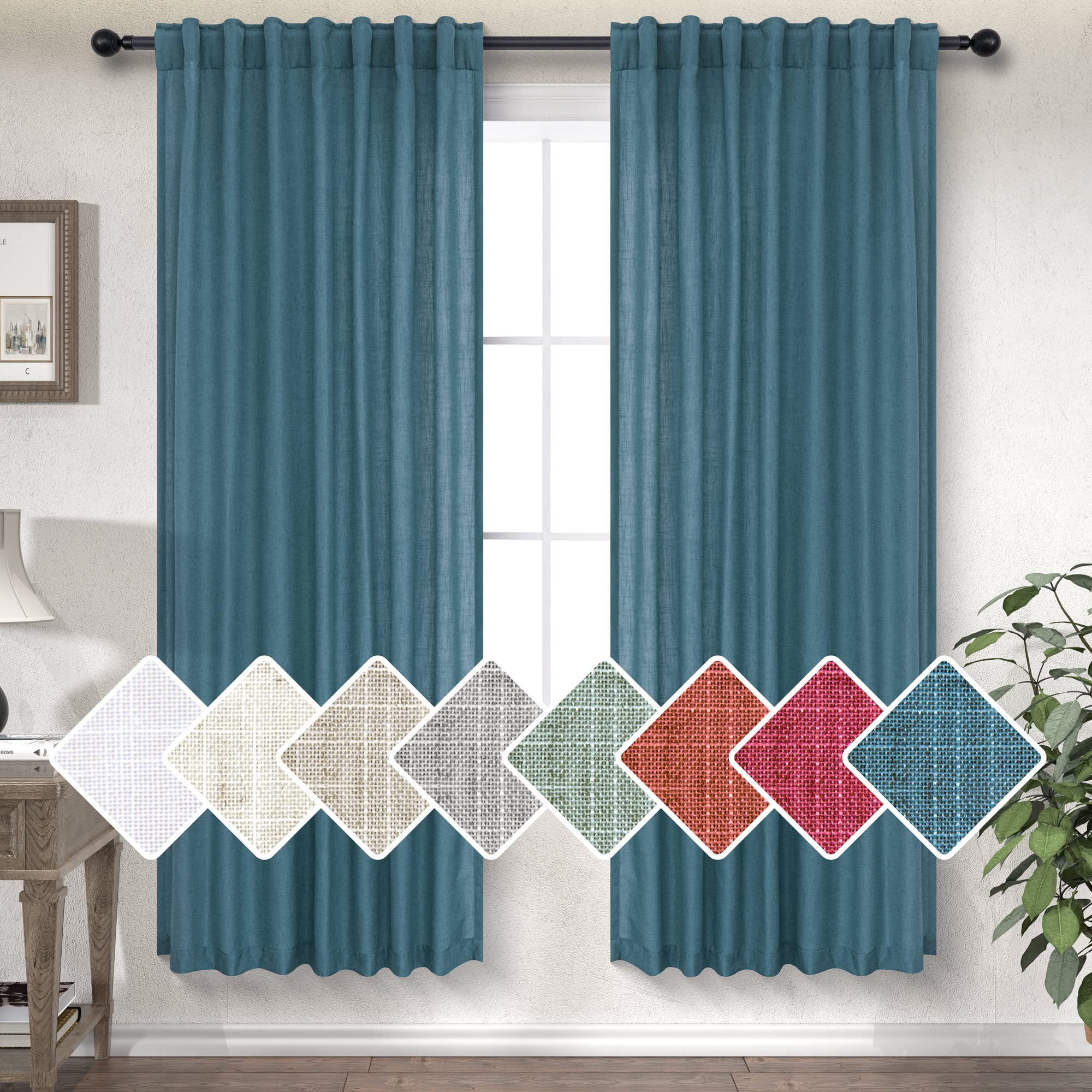 Teal Linen Curtains 63 Inch Length For Boys Bedroom 2 Panels Back Tab Pocket Lightweight Breathable Thick Sheer Semi Privacy Tea
