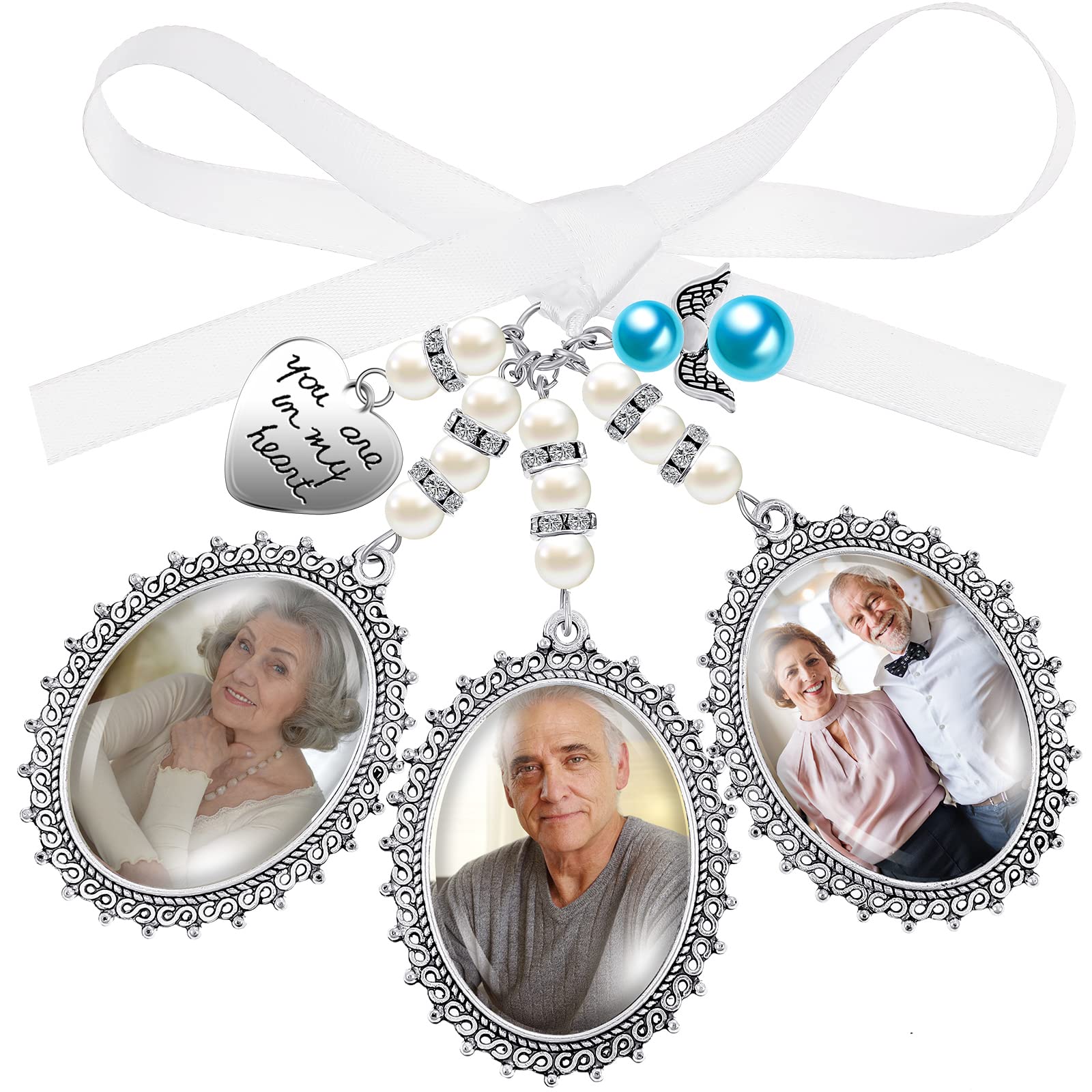 Wedding Bouquet Charm, Bouquet Charms for Wedding Memory, Bridal Lacy Oval Photo Charm, Memorial Bride Angel Pendant for Bridal 