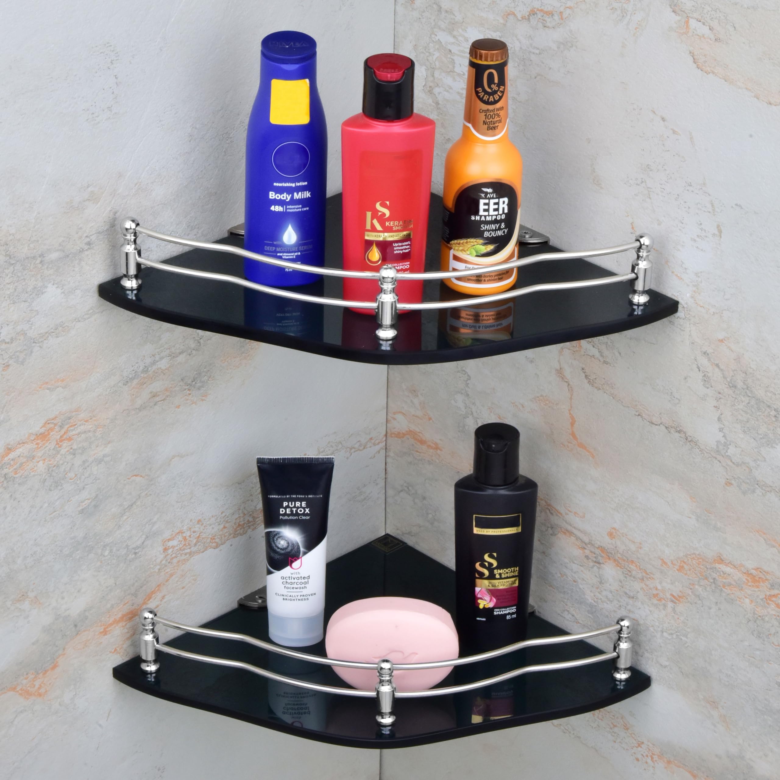 Motiqo Flower Black Glass Corner Shelf For Bathroom, Bathroom Shelf For Wall, Racks And Shelves, Kitchen Corner Shelf, Bathroom 