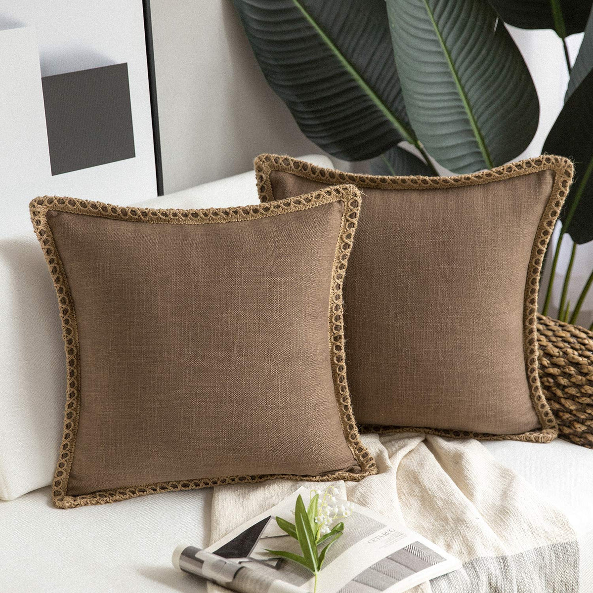 Phantoscope Pack Of 2 Farmhouse Decorative Solid Throw Decorative Pillow Cover Burlap Linen Trimmed Tailored Edges Coffee 22 X 2