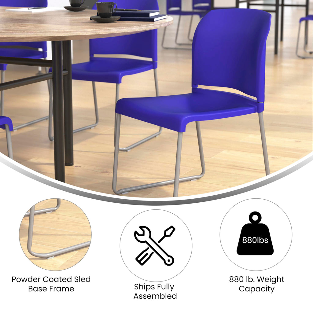 Flash Furniture Hercules Series 880 Lb. Capacity Blue Full Back Contoured Stack Chair With Gray Powder Coated Sled Base