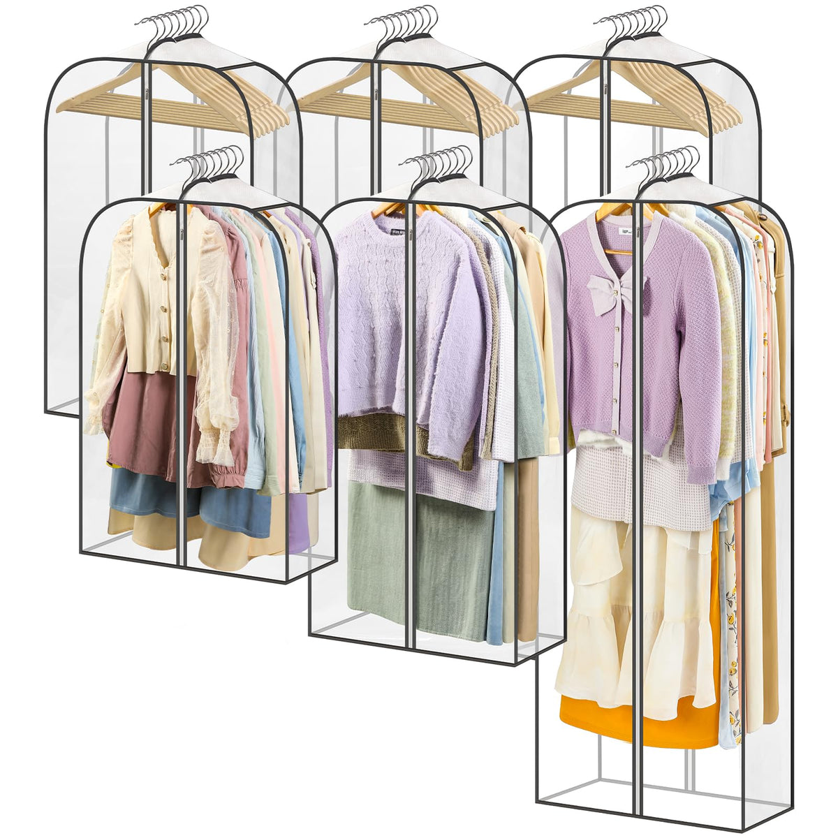 LANDNEOO 6 Pack Clear Garment Bags for Hanging Clothes with Zippers on Double Sides  32&40&60 Long Suit Bags  10 Clothes St
