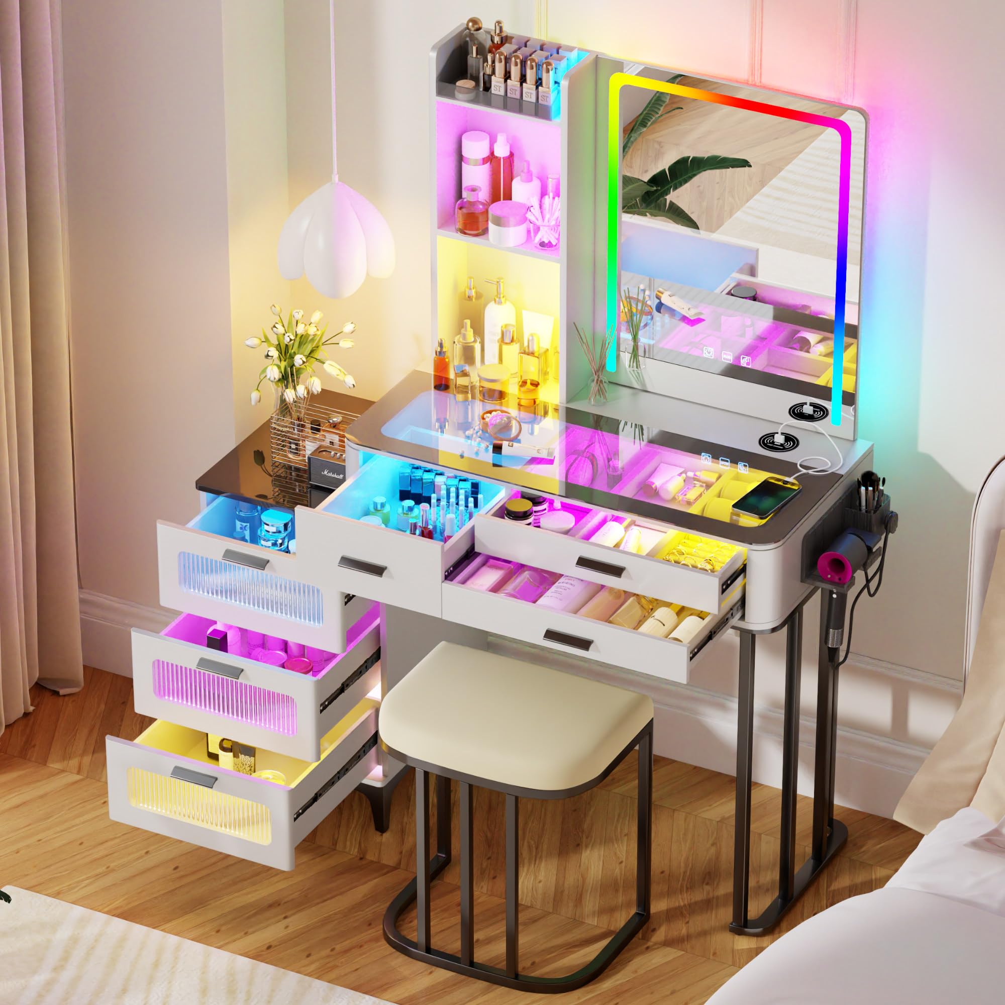 HNEBC Vanitys with HD Glass Display Table, Makeup Desk with Lighted Mirror and Charging Station, Dressing Table with RGB Lights,
