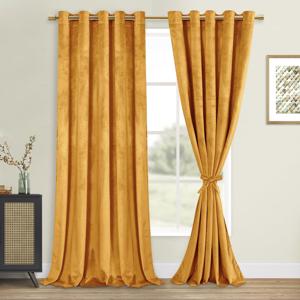 DWCN Velvet Curtains Extra Wide - Gold Room Darkening Privacy Protect Window Treatments Thick Grommet Tieable Privacy Drapes for