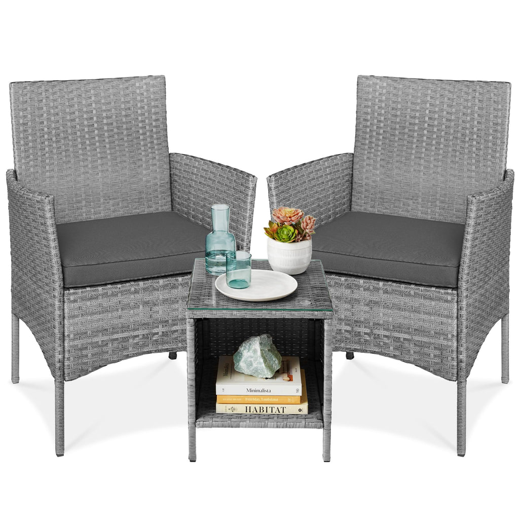 Best Choice Products 3-Piece Outdoor Wicker Conversation Bistro Set, Space Saving Patio Furniture For Garden W/Side Table - Gray/Gray