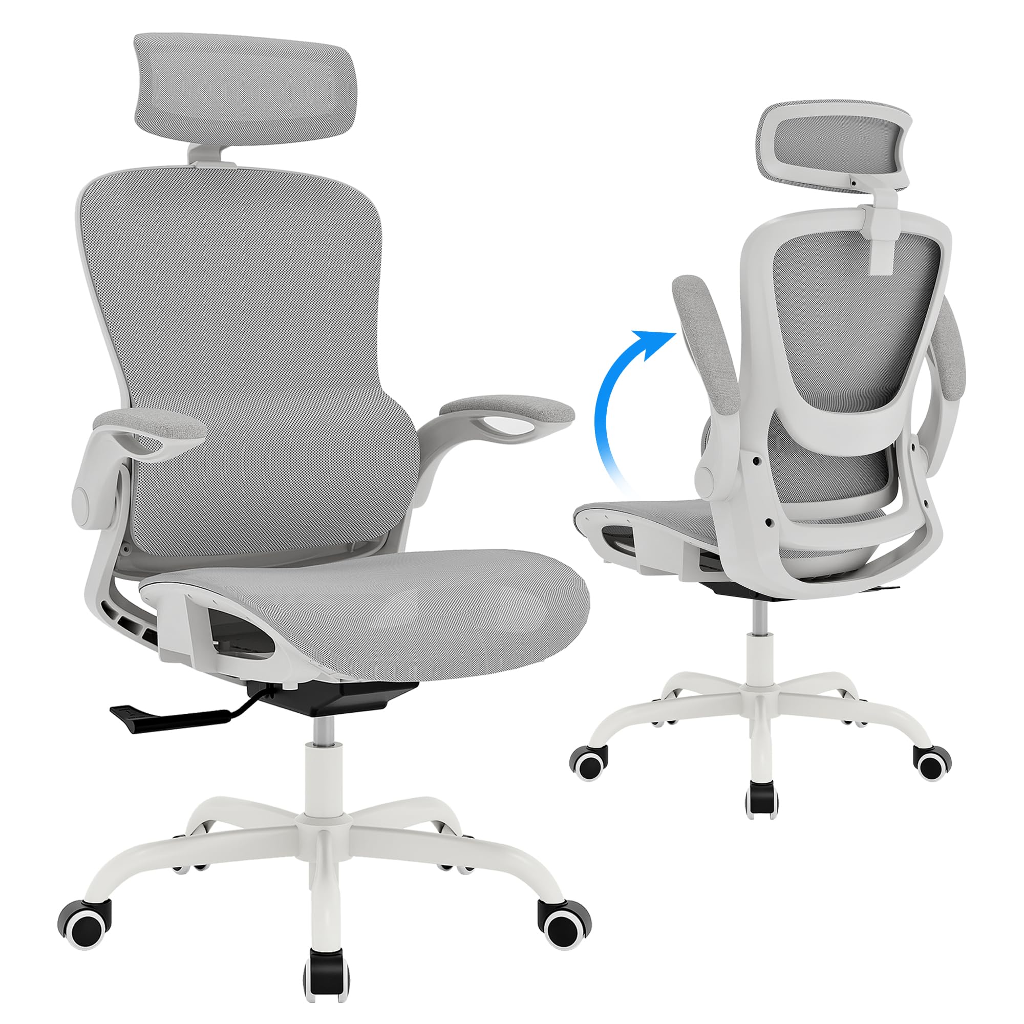 GABRYLLY Ergonomic Mesh Office Chair- White Desk Chair, Flip-Up Armrest, Adjustable Headrest, Tilting with Soft Seat and PU Whee