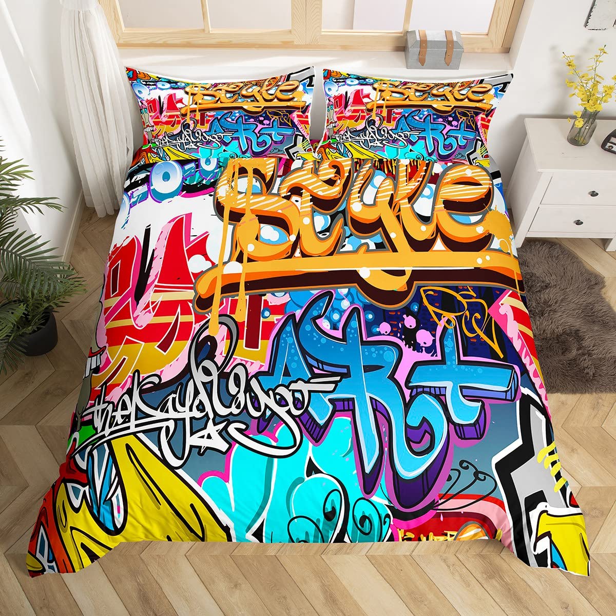 Feelyou Hippie Graffiti Comforter Cover Set Queen Size For Kids Boys Youth Duvet Cover Modern Bedclothes Wall Urban Street Art B