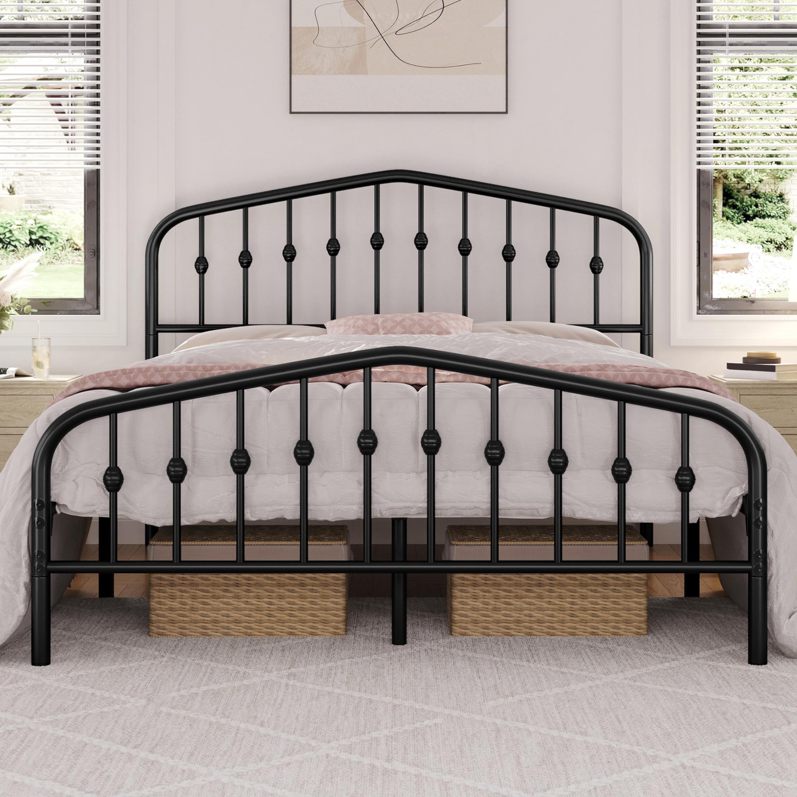 Yaheetech Queen Bed Frames Metal Platform Bed With Victorian Style Wrought Iron Headboard And Footboard/Easy Assembly/No Box Spring Needed/Black Queen Bed