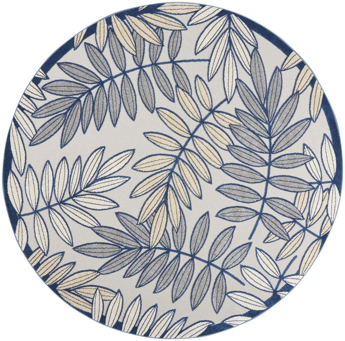 Nourison Aloha Indoor/Outdoor Ivory/Navy 7'10' X Round Area Rug, Tropical, Botanical, Easy Cleaning, Non Shedding, Bed Room, Ki