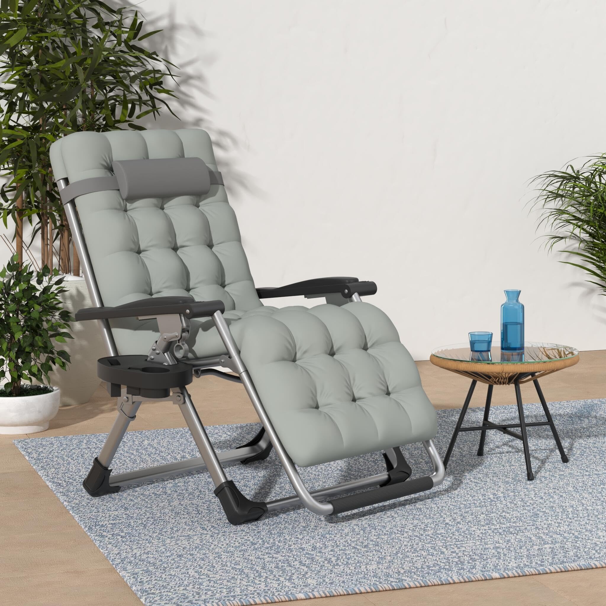 Slendor Zero Gravity Chair Lounge Chair Recliner W/Upgraded Lock And Removable Cushion, Reclining Camping Chair W/Cup Holder Tray & Headrest, Folding Reclining Patio Chairs For Indoor Outdoor, Gray