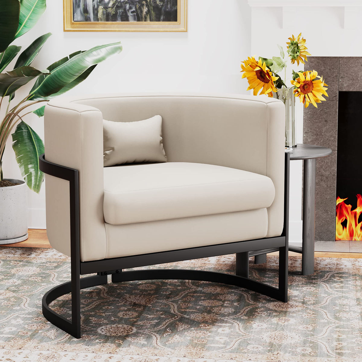 Apeaka Faux Leather Accent Chair Modern Barrel Chair Upholstered Armchair For Living Room Bedroom Single Sofa Chair Club Chairs