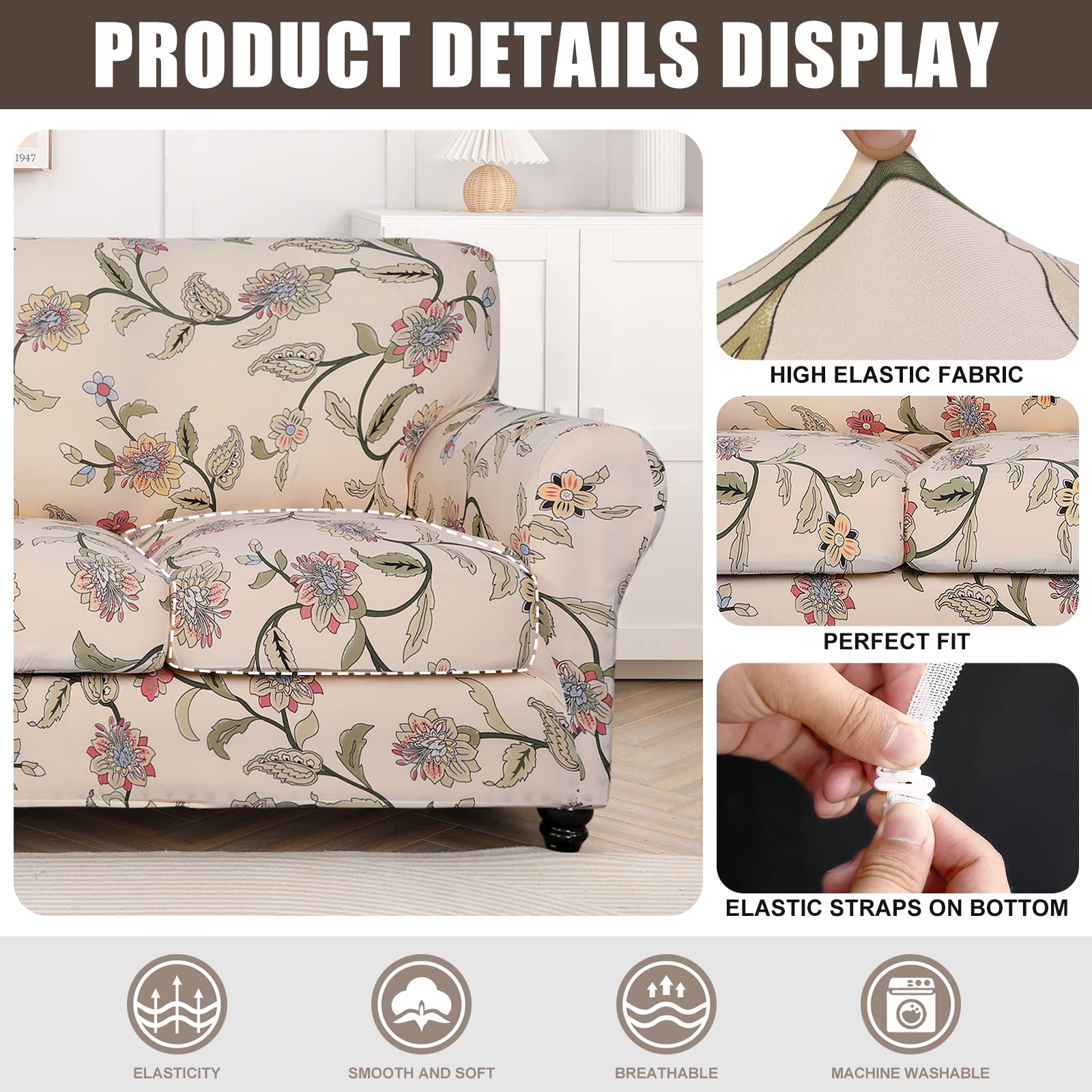 Searchi Stretch Sofa Cover Printed Couch Cover, Floral Pattern 4 Pieces Sofa Slipcover With 3 Separate Cushion Cover, Washable Furniture Protector For Living Room(Sofa, Yellow+Flower)