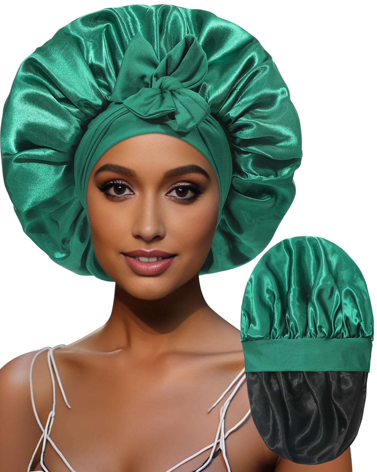 Large Satin Bonnet Silk Bonnet for Sleeping Women Curly Hair Bonnet with Tie Band Reversible Double Layer Bonnet Sleep Cap (Blac