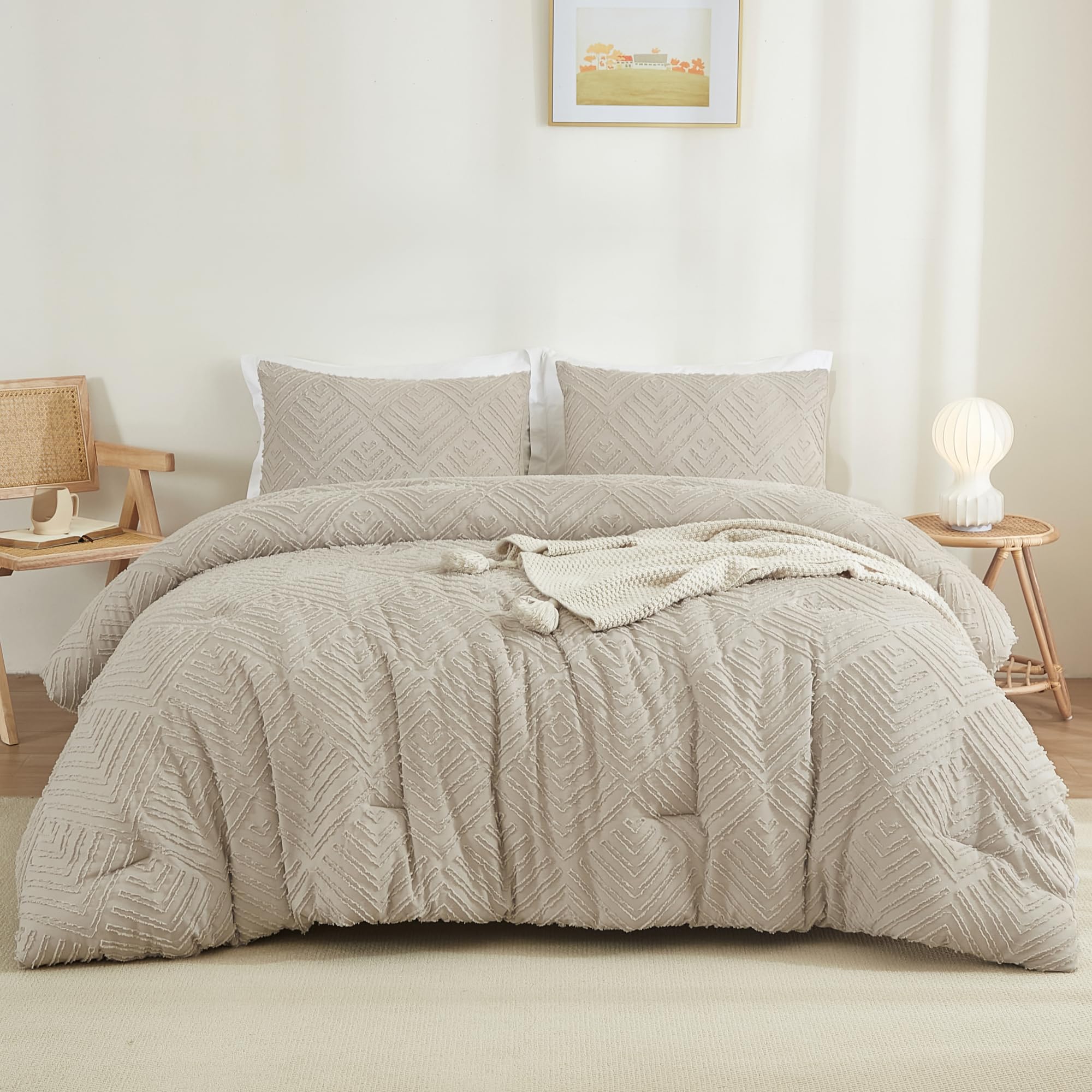 Litanika California King Comforter Set Oatmeal, 3 Pieces Tufted Boho Farmhouse Bedding Comforter Sets, Lightweight Fluffy Comfor