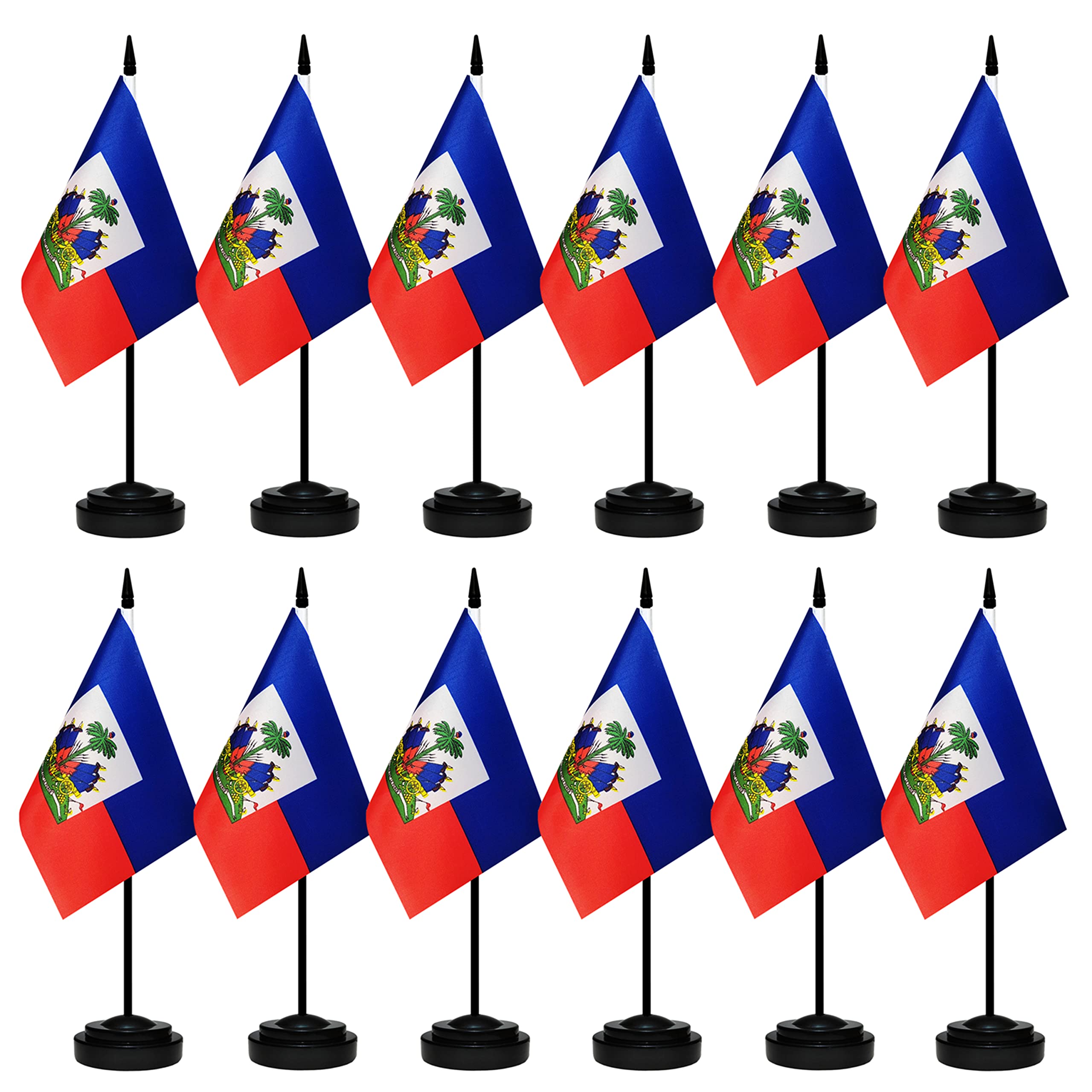 12 Pack Haiti Desk Flags Set, Haitian Small Mini Table Office Flags With 12' Solid Black Pole, Black Base And Spear Top, Miniat