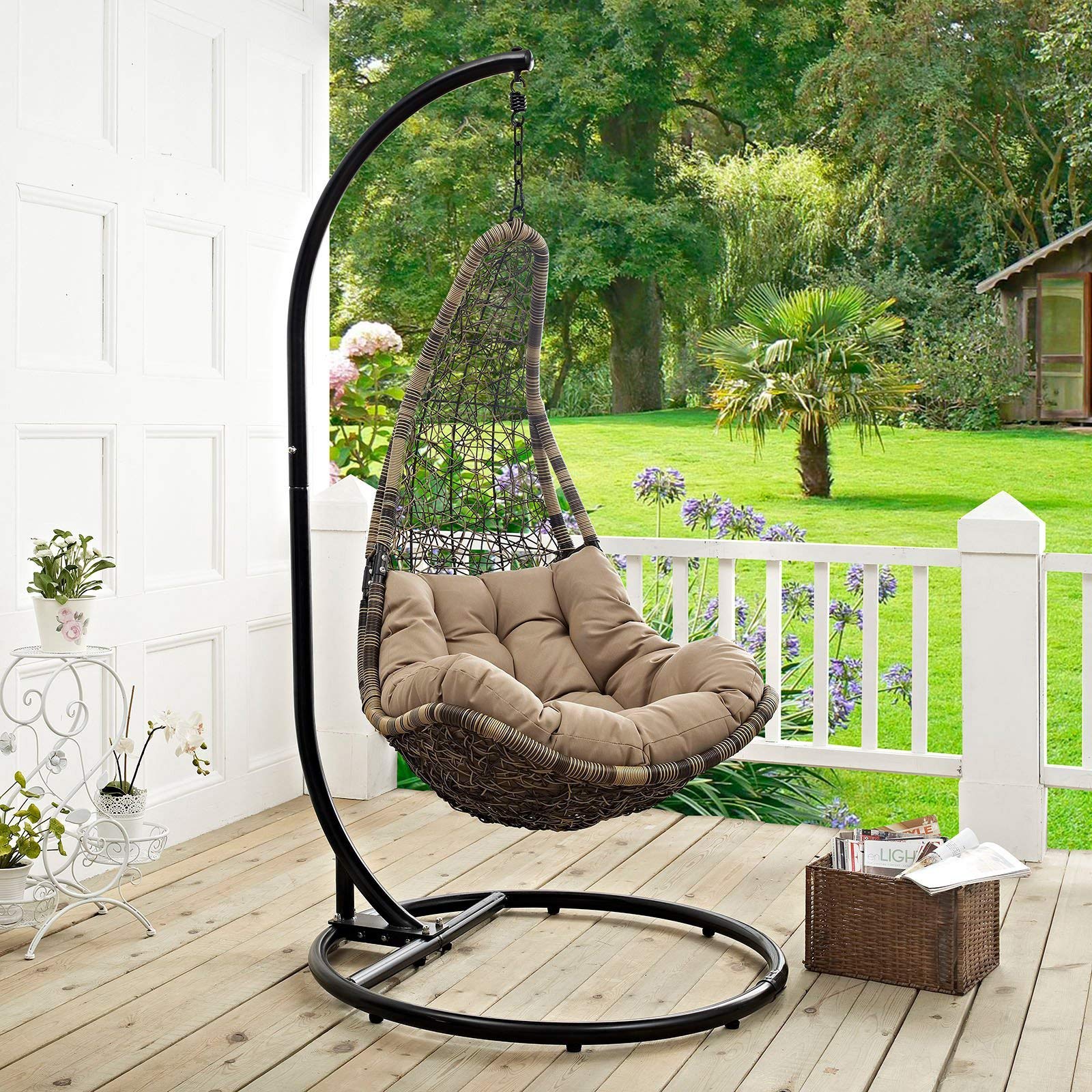 Modway Abate Wicker Rattan Outdoor Patio Porch Lounge Swing Chair Set With Stand In Black Mocha