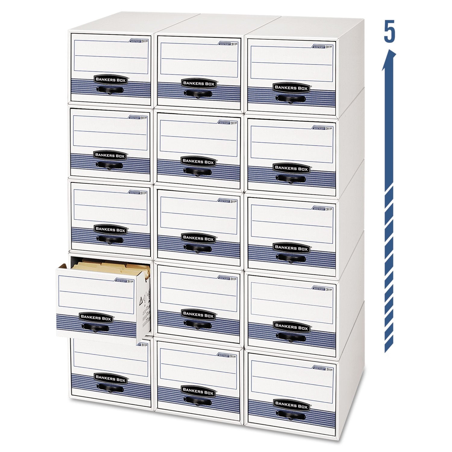 Bankers Box 6 Pack Stor/Drawer Steel Plus Extra Space Saving Filing Cabinet, Stacks 5 High, Letter, White/Blue