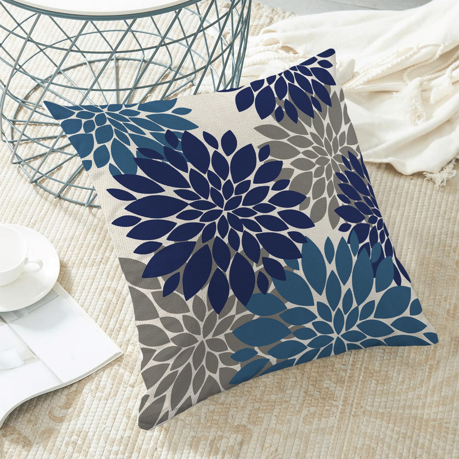 Cxmeifly Navy Blue Summer Outdoor Pillow Covers 18X18 Inch Set Of 2 Dusty Blue Grey Dahlia Floral Decor Throw Pillows Modern Geo