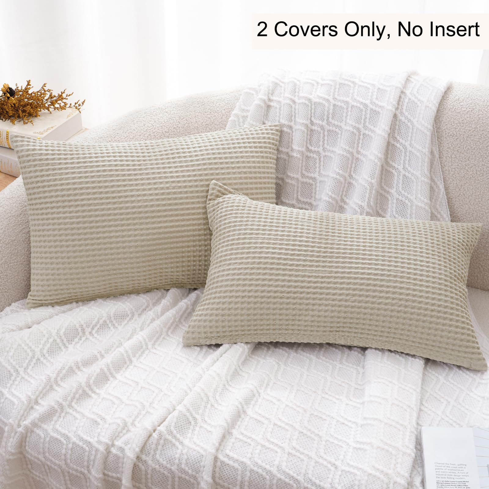 Phf 100% Cotton Waffle Weave Lumbar Pillow Cover 12' X 20', No Filling, 2 Pack Elegant Home Decorative Rectangle Throw Pillow Covers For Bed Couch Sofa,Linen
