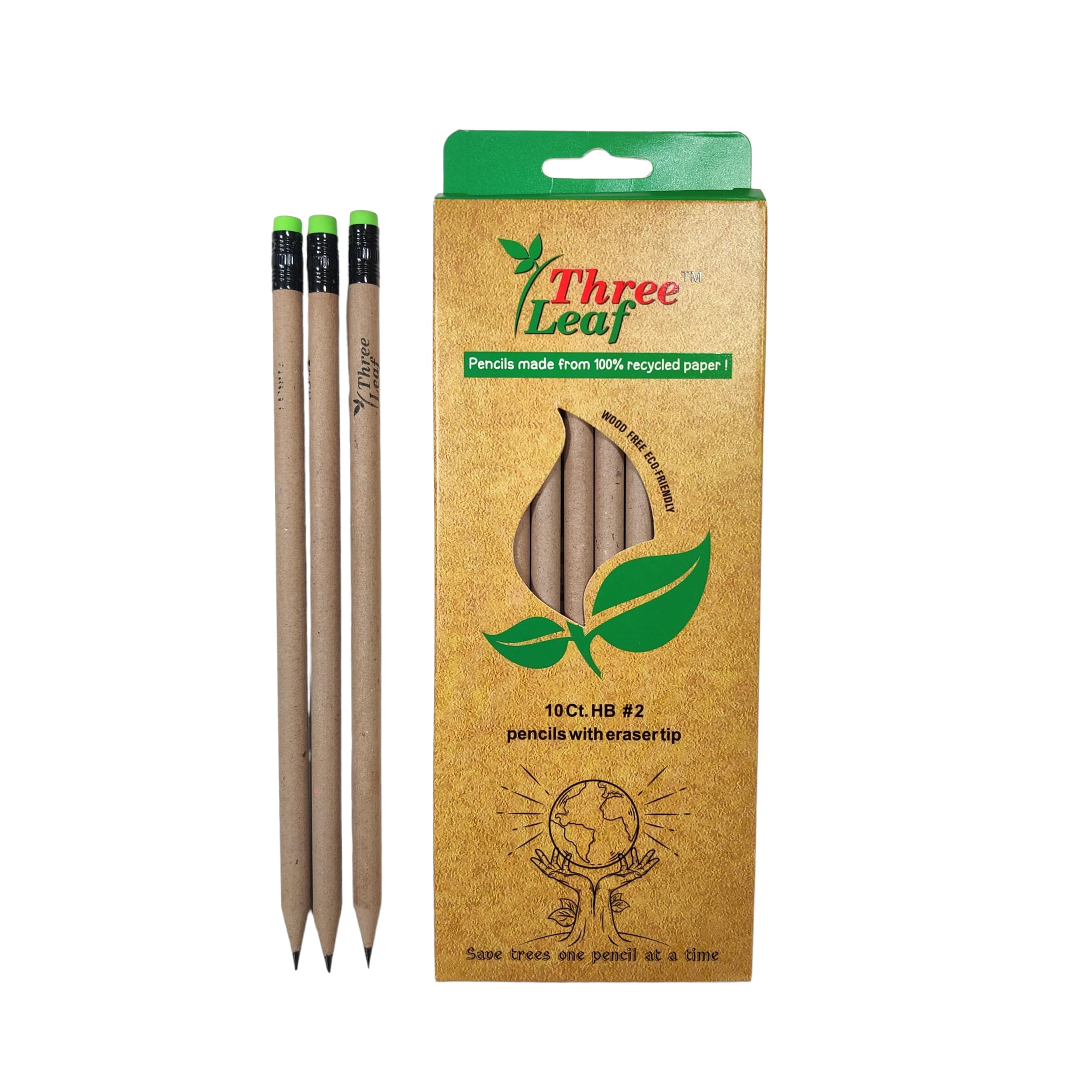 Three Leaf Recycled Paper Pencils (Pack Of 10) - 100% Eco Friendly, Earth Friendly Pencil With Latex Free Eraser - Non Toxic Woo