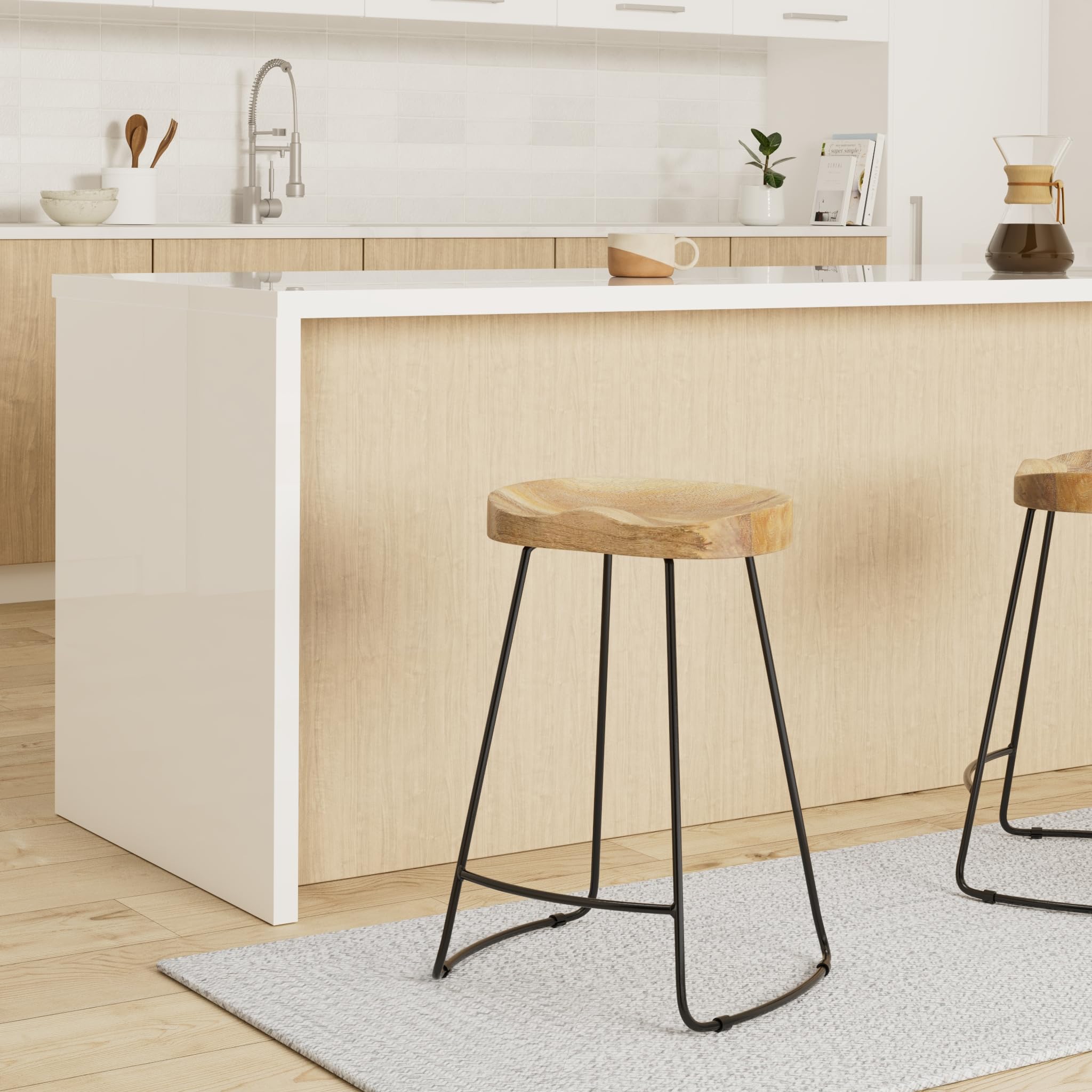 vidaXL Gavin Retro Bar Stools, Set of 2, Made of Solid Mango Wood with Powder-Coated Iron Base, Hand-Crafted Brown Wooden Pub Chairs with Industrial Style