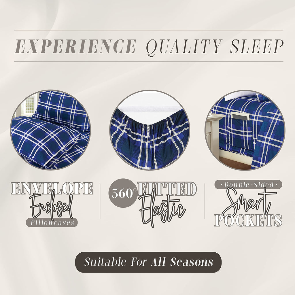 Elegant Comfort Lilliana Plaid 6-Piece Sheet Set, Supreme Coziness Fade & Wrinkle Resistant, 1500 Premium Hotel Quality Microfiber, Sheet Featuring Smart Pockets, Plaid Sheet Set, Full, Navy Blue