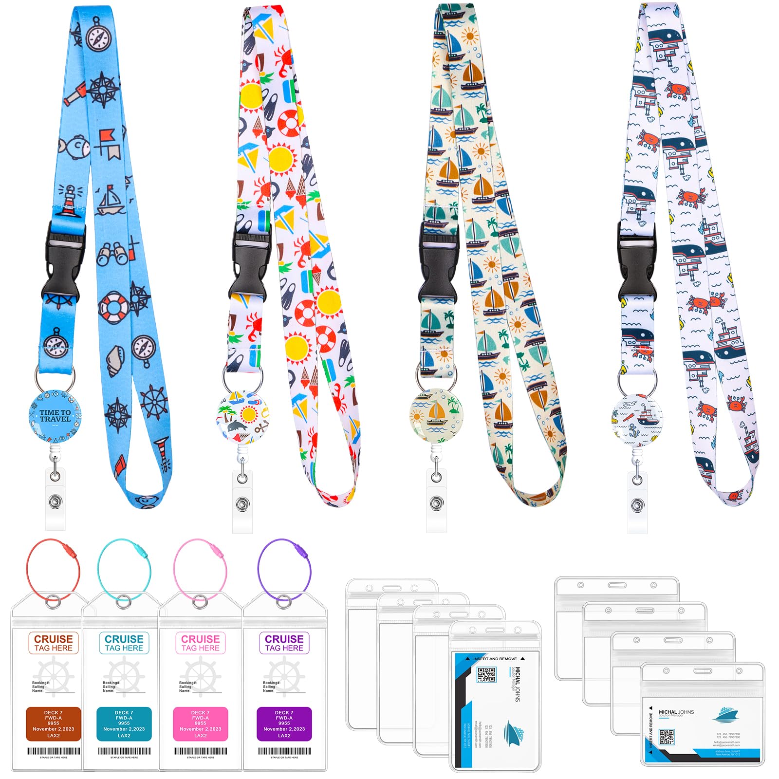 Roadplum 4 Pack Cruise Lanyards Set For Ship Cards, With Retractable Badge Reel Waterproof Luggage Tag Holders Id Card Holders,