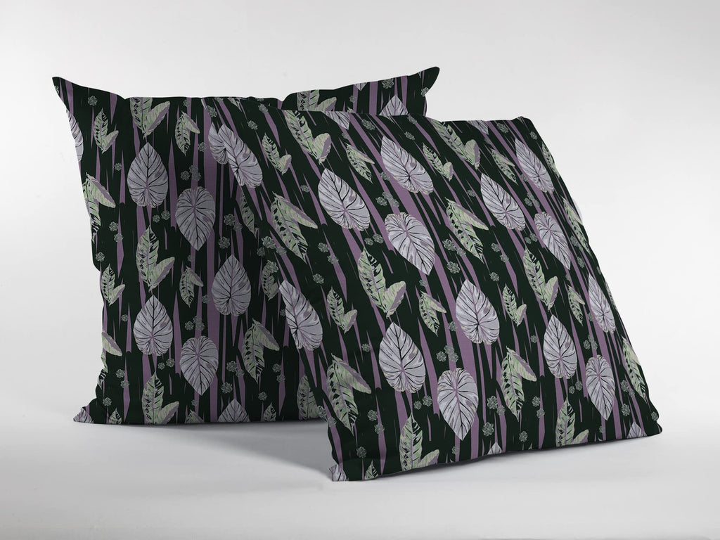 HomeRoots Purple and Dark Green 18â€ Black Purple Fall Leaves Suede Throw Pillow