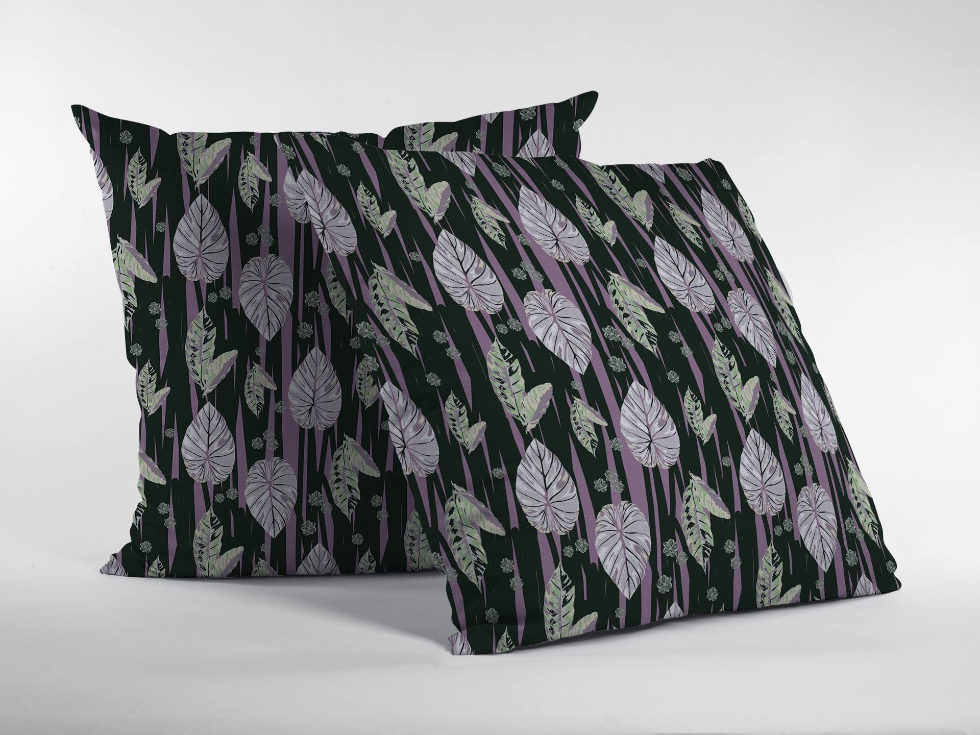 HomeRoots Purple and Dark Green 18â€ Black Purple Fall Leaves Suede Throw Pillow