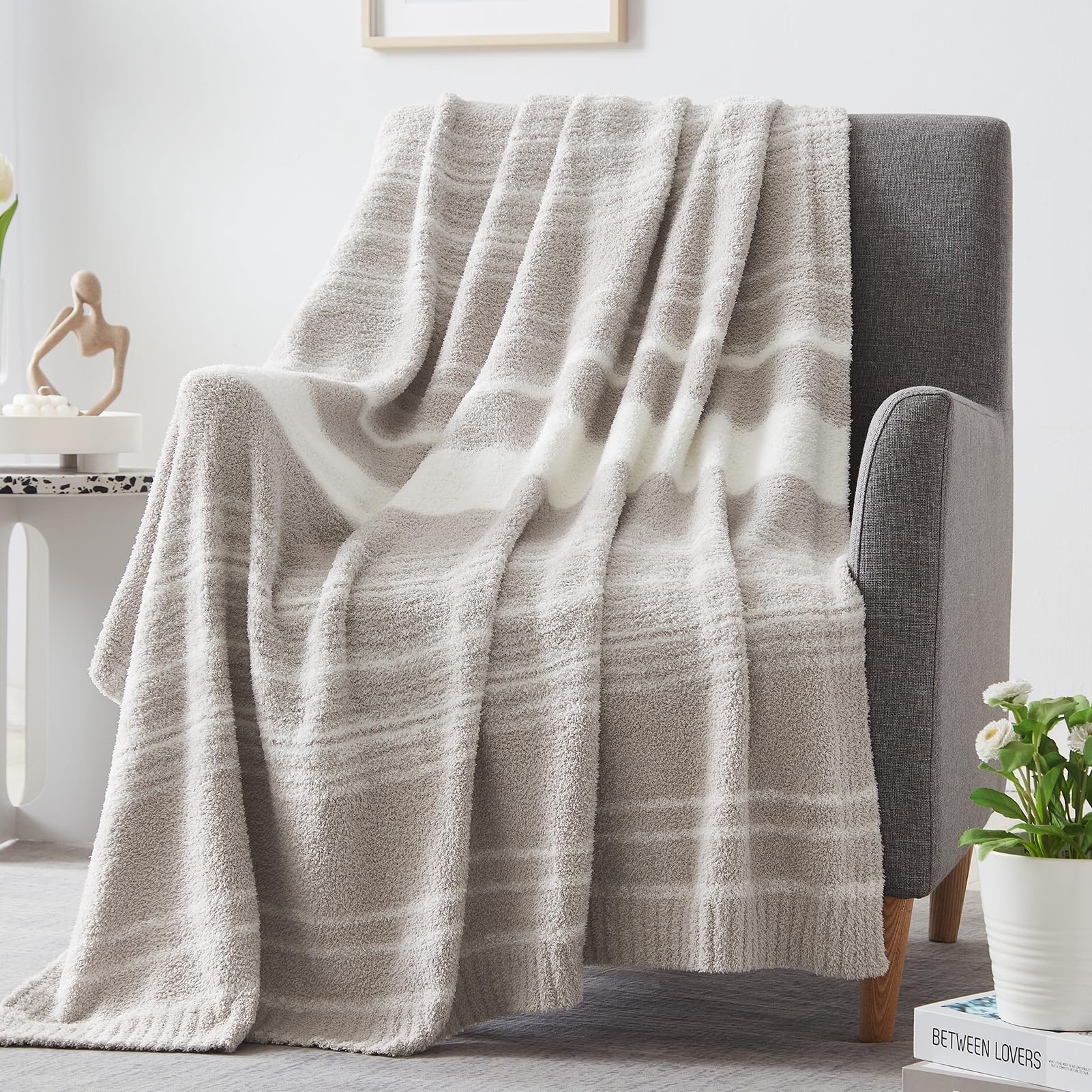 Wrengonge Taupe Throw Blanket, 60X80 Soft Cozy Microfiber Striped Throw Blankets For Couch, Sofa, Bed, Travel, Lightweight Fluff