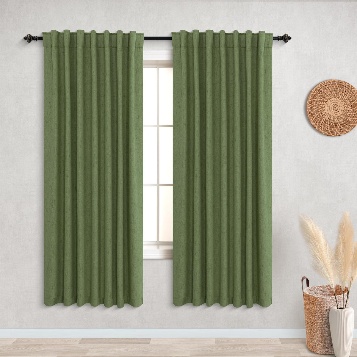 Koufall Olive Green Back Tab Linen Blackout Curtains 52 By 45 For Bedroom
